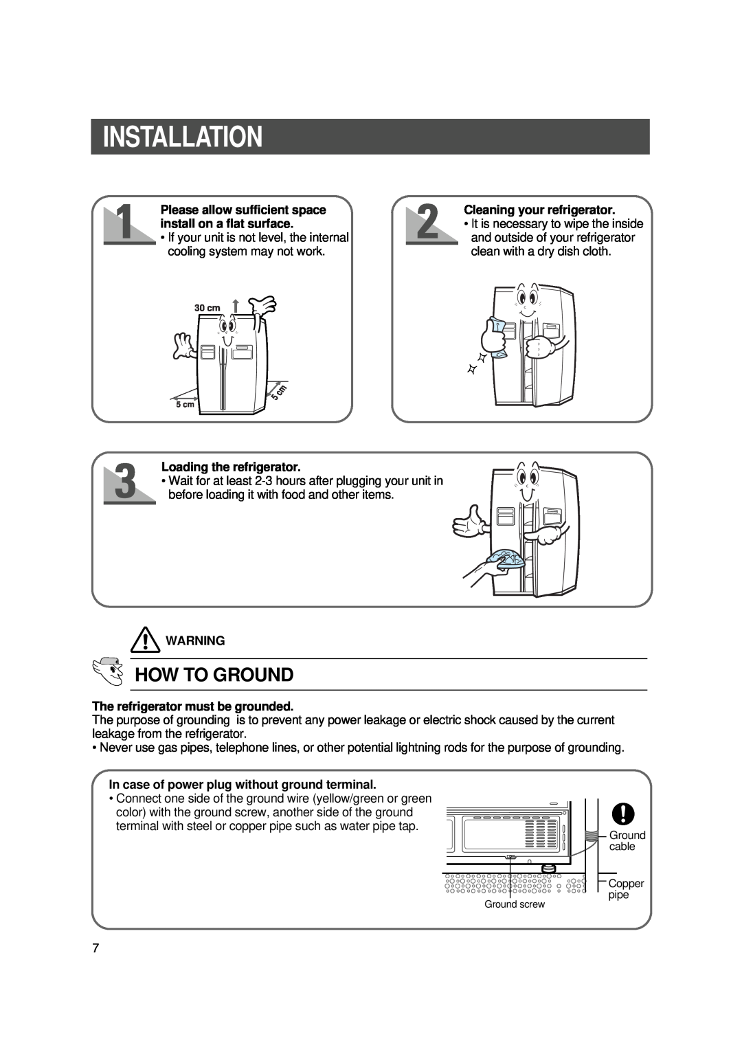 Samsung SR-S25, SR-S28BTA, SR-S27DTA Installation, How To Ground, Please allow sufficient space, Cleaning your refrigerator 