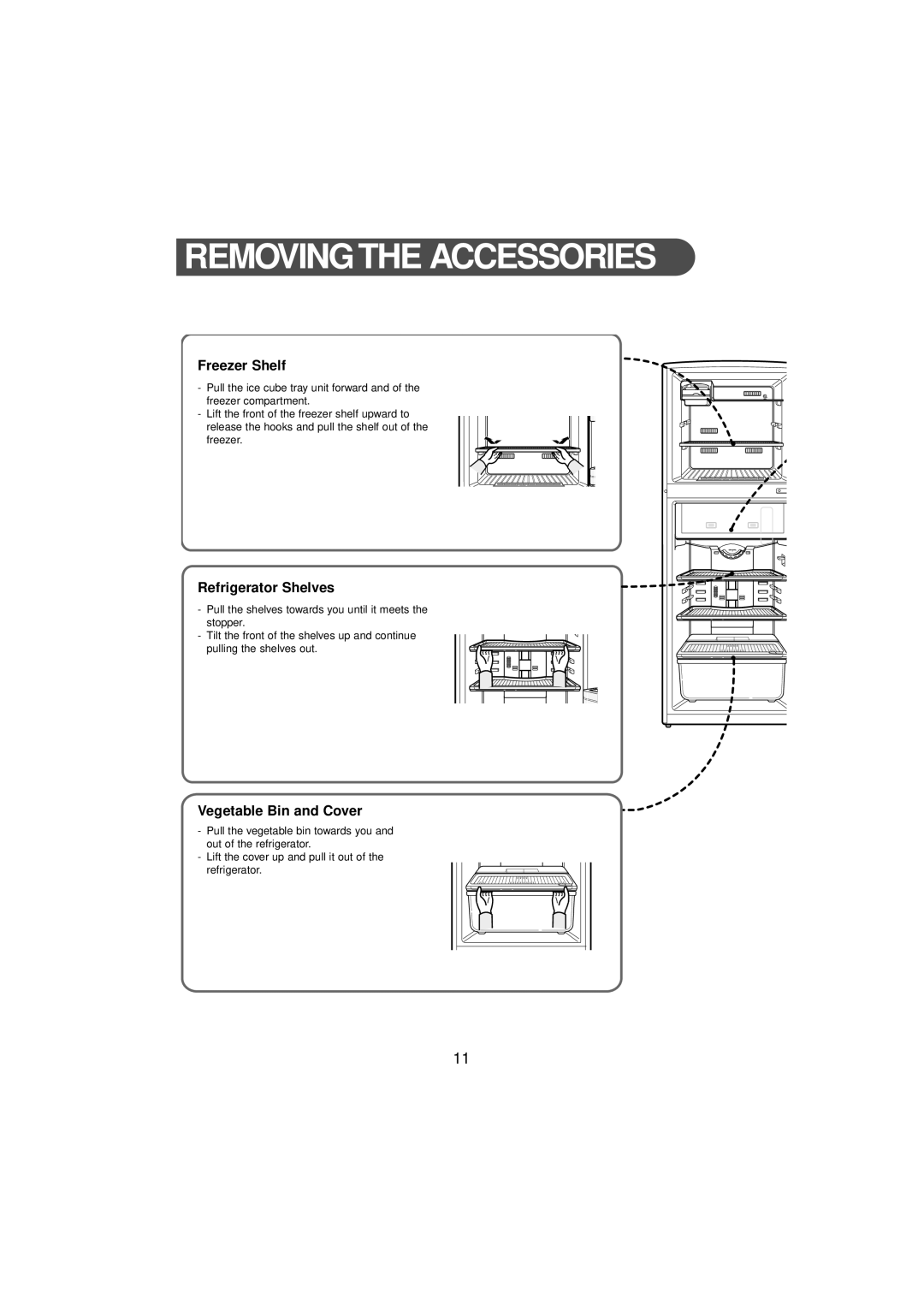 Samsung DA68-01454B, SR210NME manual Removingthe Accessories, Freezer Shelf, Refrigerator Shelves, Vegetable Bin and Cover 