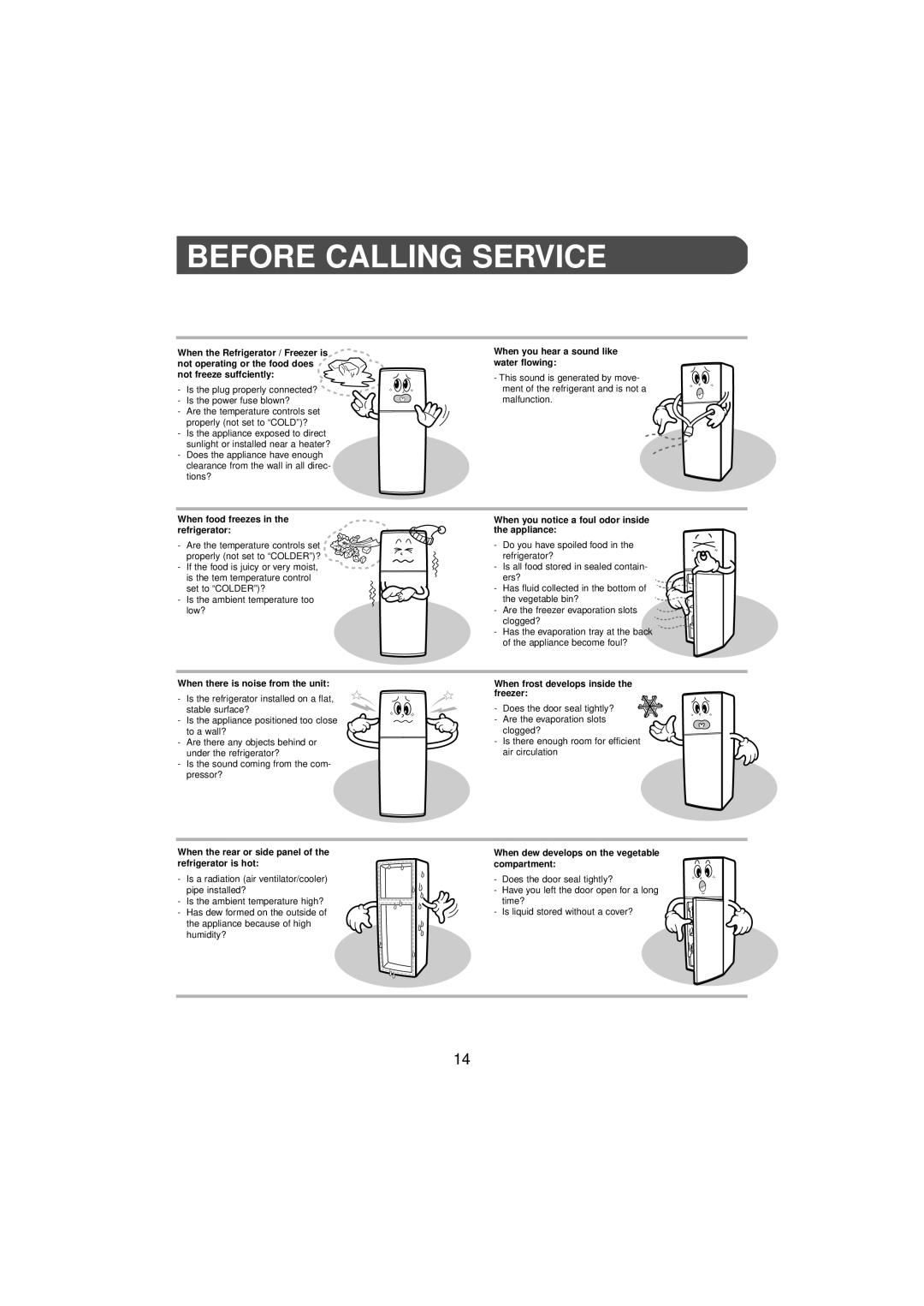 Samsung SR210NME, DA68-01454B manual Before Calling Service, When there is noise from the unit 