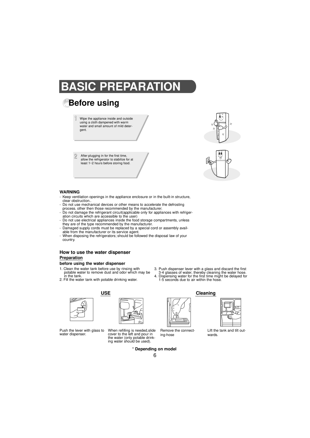 Samsung SR210NME, DA68-01454B manual Basic Preparation, Before using, How to use the water dispenser, Cleaning 