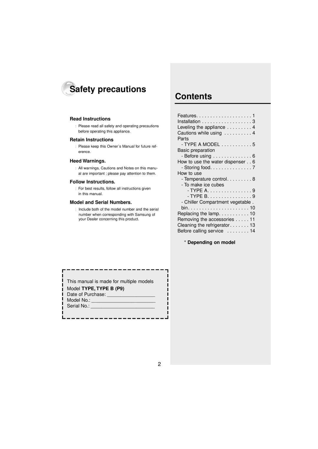 Samsung SR210NME Safety precautions, Contents, Read Instructions, Retain Instructions, Heed Warnings, Follow Instructions 