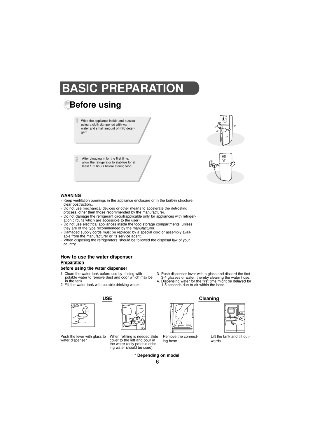 Samsung SR210NME manual Basic Preparation, Before using, How to use the water dispenser, Cleaning, Depending on model 