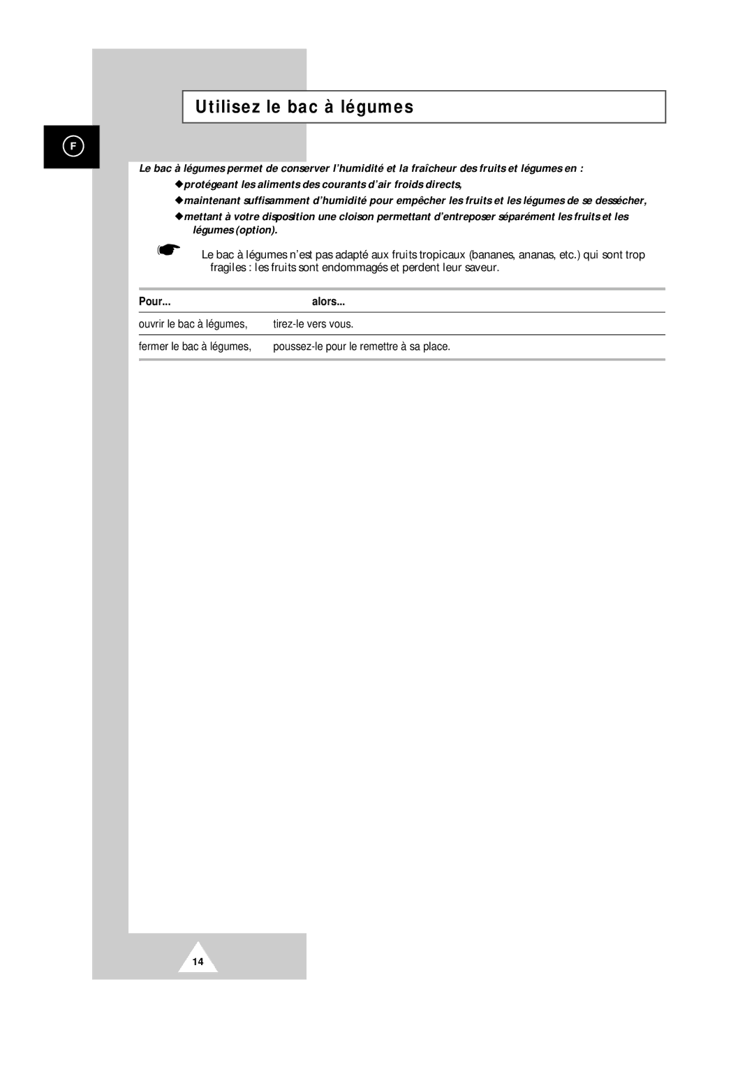 Samsung S32BMCSWHN/CAF, SR34WB1/XEF, SR34WB2/XEF, SR30WB1/CAH, S32BMCSWQN/CAF manual Utilisez le bac à légumes, Pour Alors 