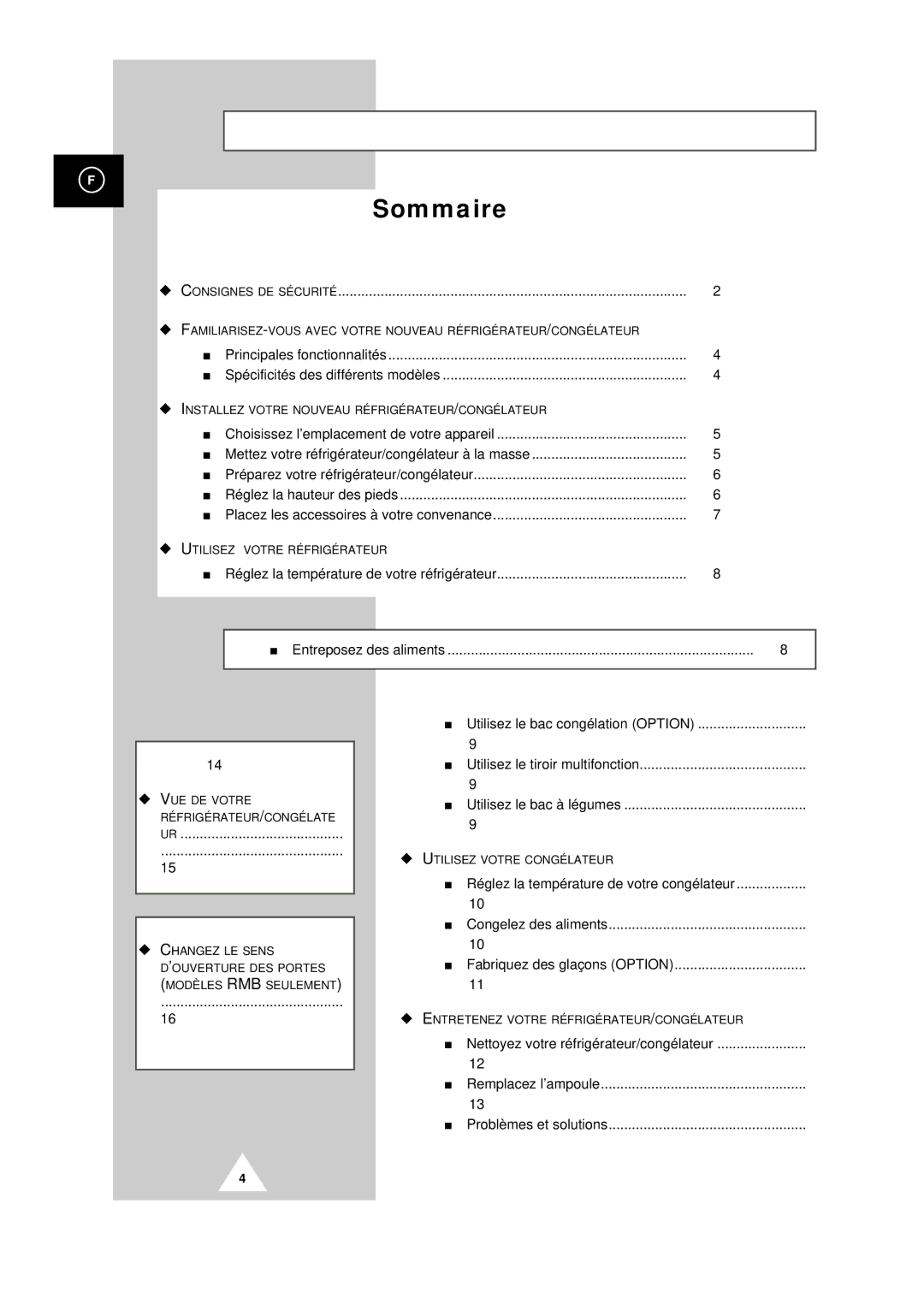 Samsung SR44WA1/XEF, SR34WB1/XEF, SR34WB2/XEF, SR30WB1/CAH, S32BMCSWQN/CAF, SR37WD1/XEF, SR34WB1/CAF, SR37WD2/XEF manual Sommaire 