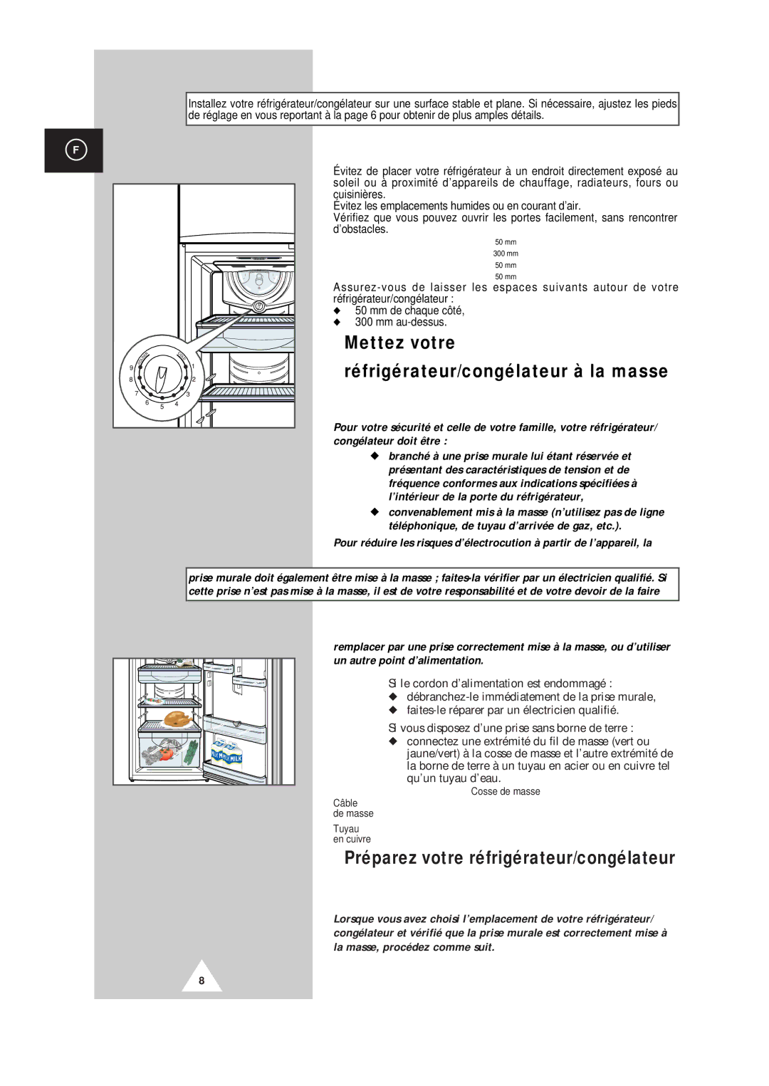 Samsung SR37WB3/XEF manual Mettez votre Réfrigérateur/congélateur à la masse, Préparez votre réfrigérateur/congélateur 