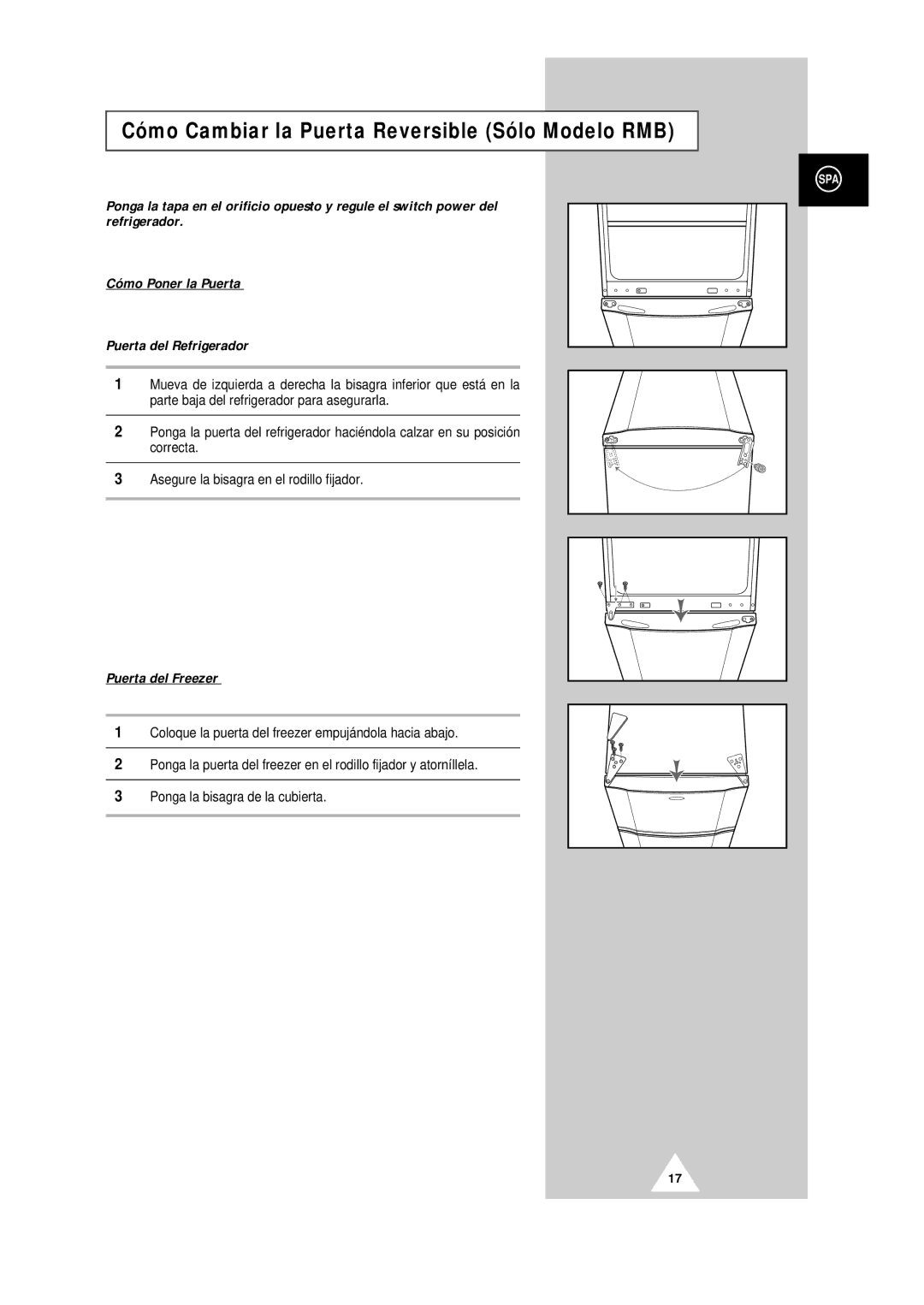 Samsung SR30WD1/XEC, SR44WD1/XET, SR34WD1/XES, SR30WD1/XEP, SR37WD1/XEC Cómo Cambiar la Puerta Reversible Sólo Modelo RMB 