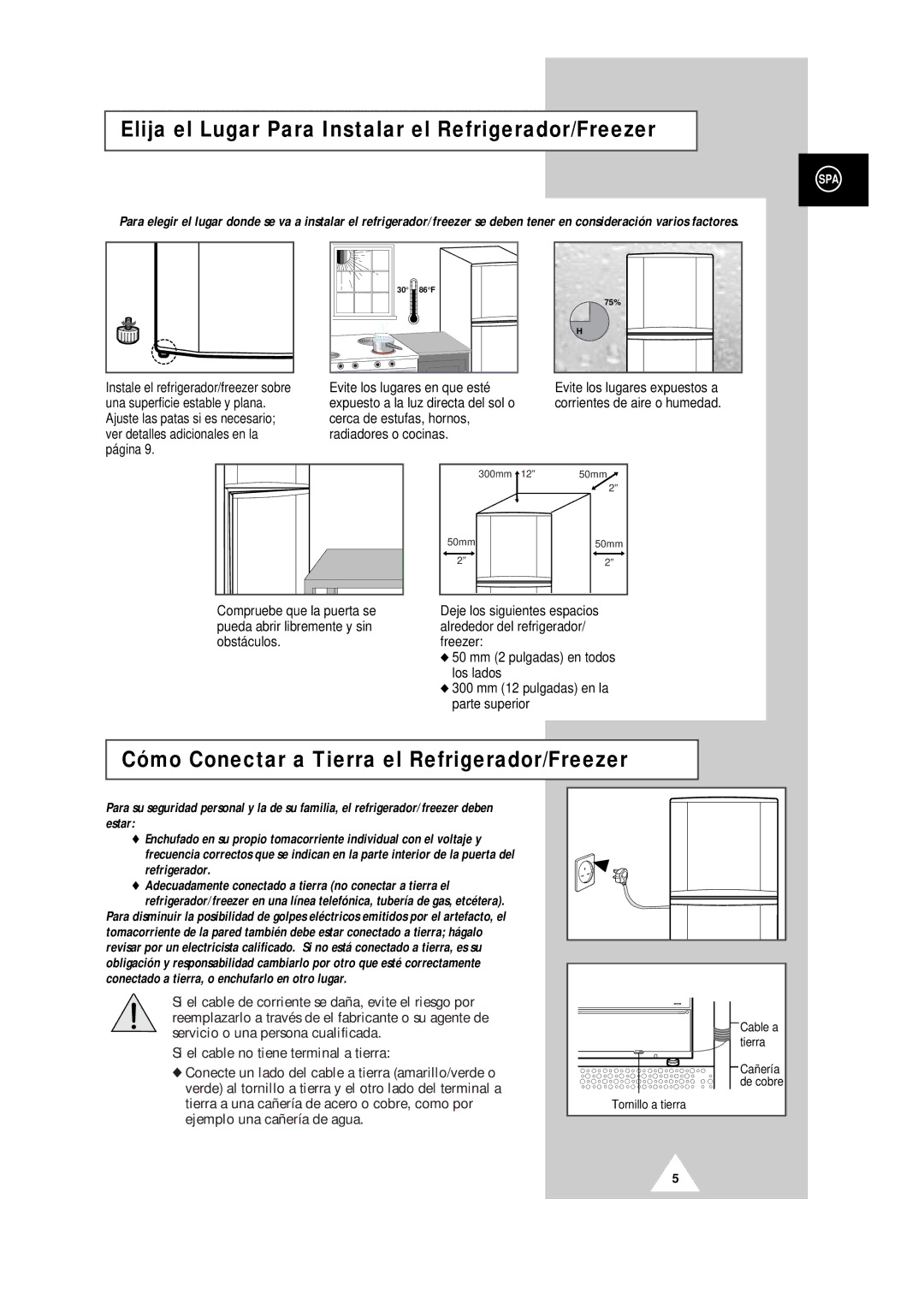 Samsung SR37WD1/BWT Elija el Lugar Para Instalar el Refrigerador/Freezer, Cómo Conectar a Tierra el Refrigerador/Freezer 