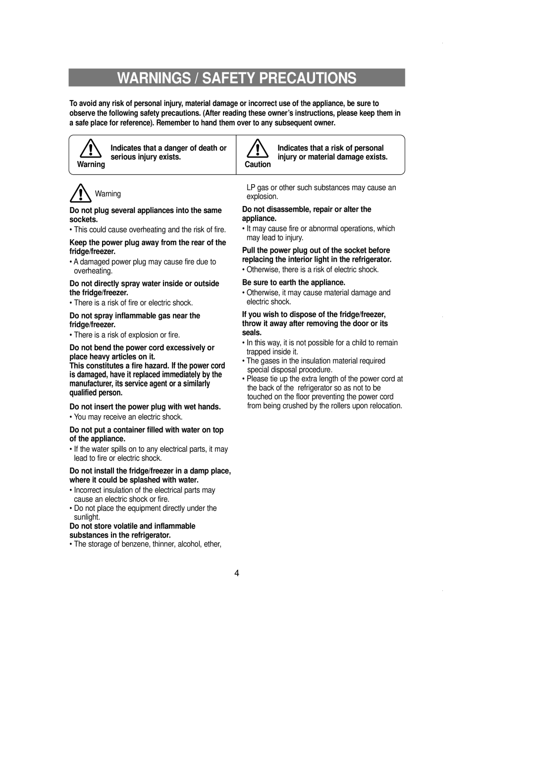 Samsung SR519DP Do not spray inflammable gas near the fridge/freezer, Do not insert the power plug with wet hands 