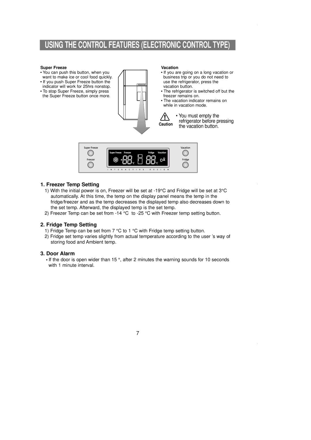 Samsung SR519DP owner manual Freezer Temp Setting, Fridge Temp Setting, Door Alarm 