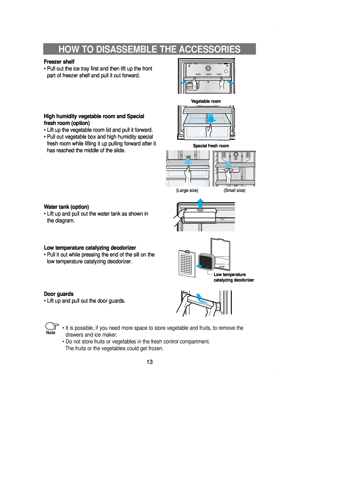 Samsung SR519DP owner manual How To Disassemble The Accessories, Freezer shelf, Water tank option, Door guards 