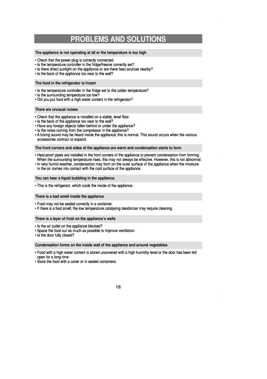 Samsung SR519DP owner manual Problems And Solutions, The food in the refrigerator is frozen, There are unusual noises 
