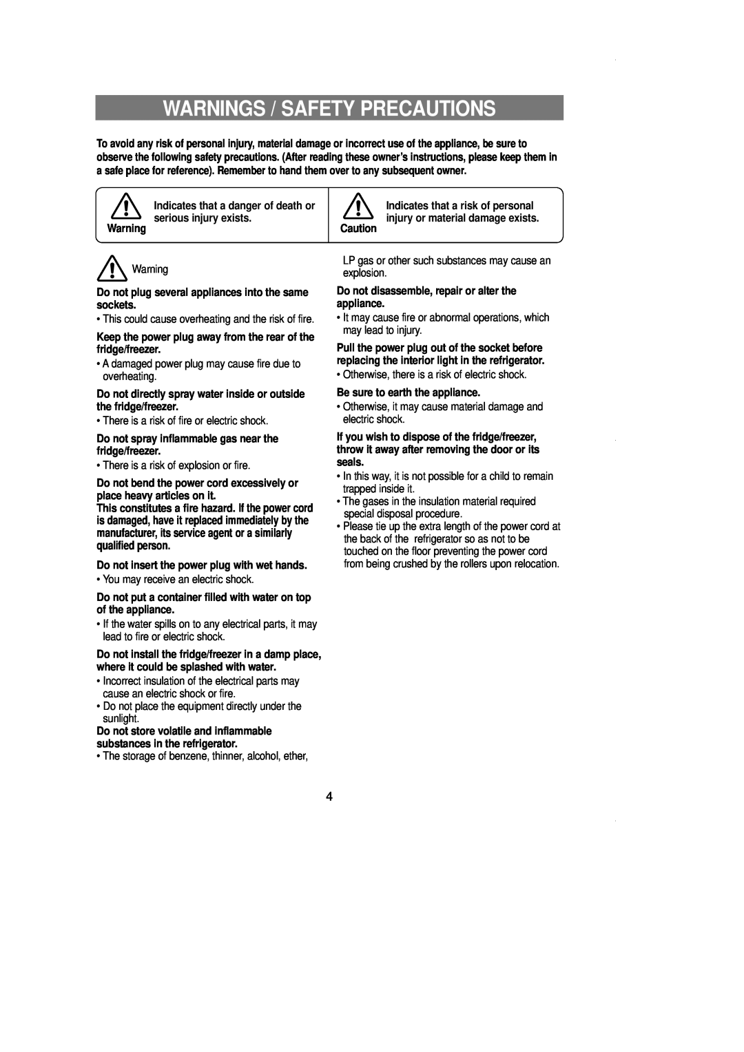 Samsung SR519DP owner manual Warnings / Safety Precautions 
