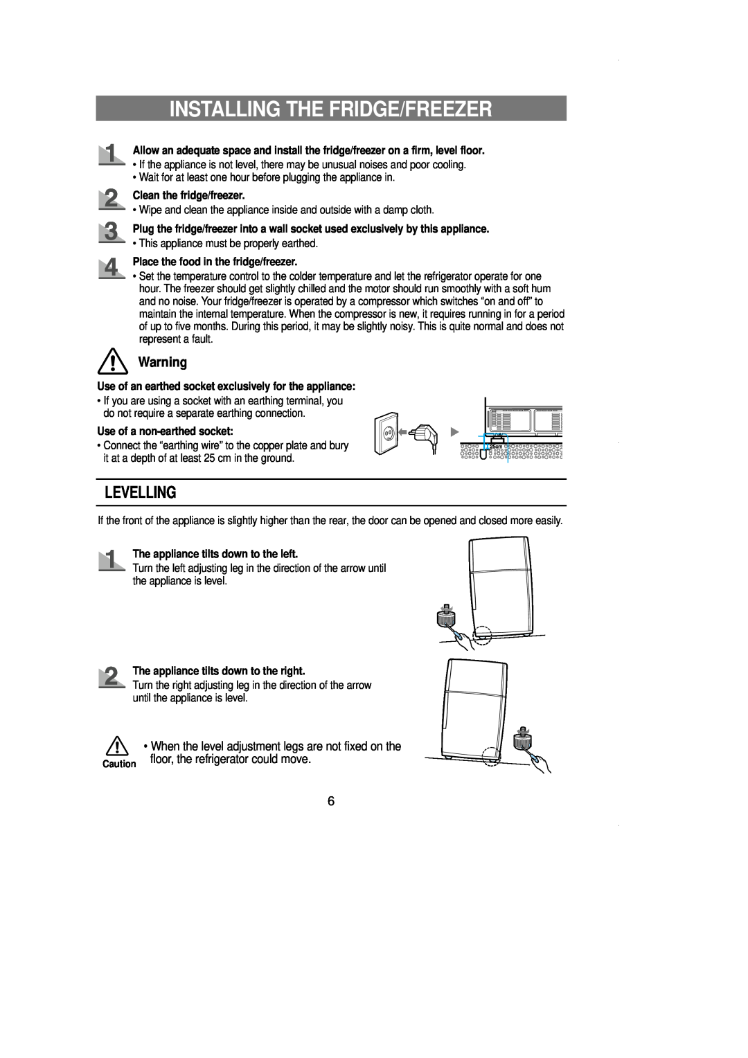 Samsung SR519DP owner manual Installing The Fridge/Freezer, Levelling 