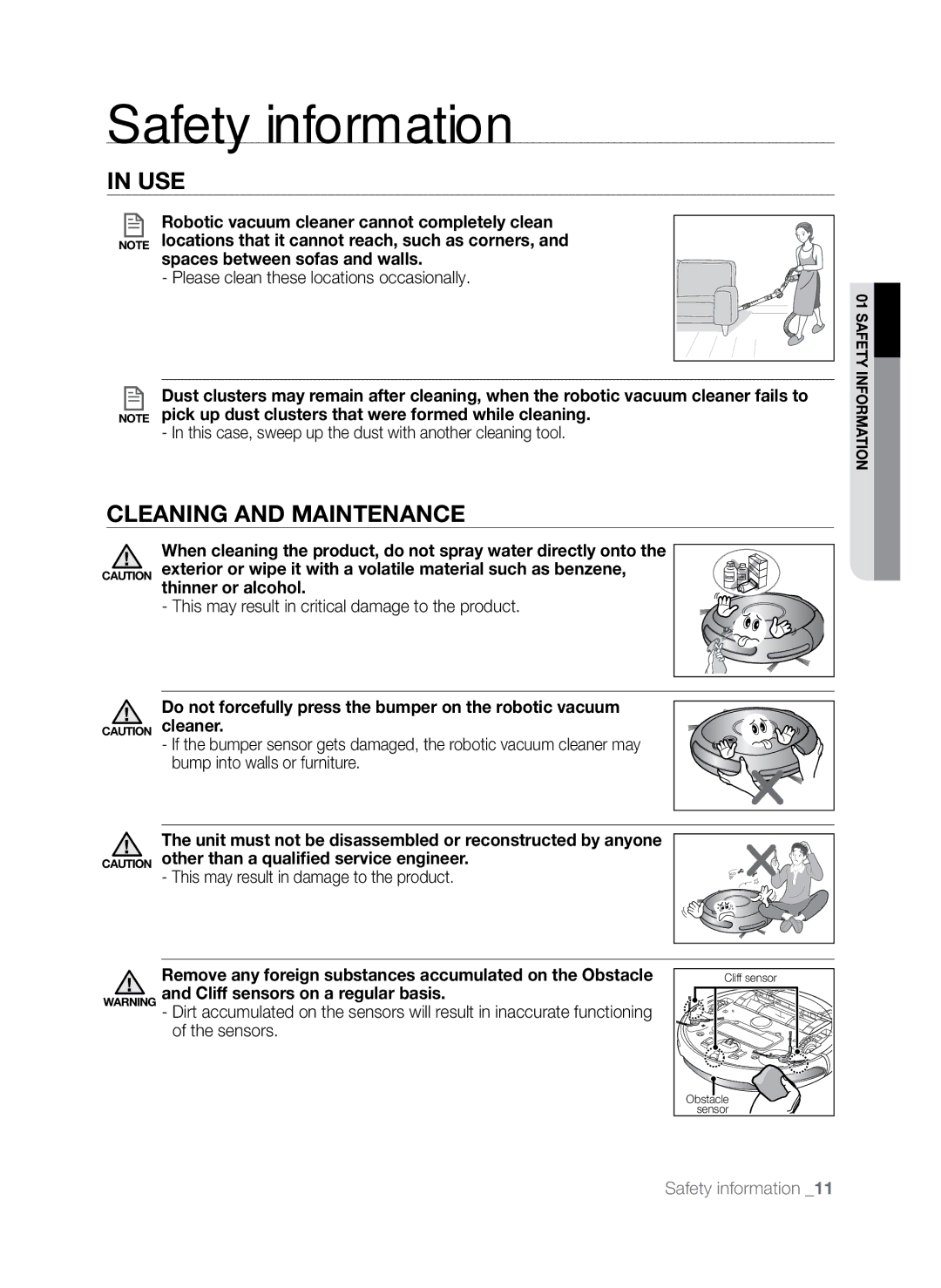 Samsung SR8845 user manual Cleaning and Maintenance, Spaces between sofas and walls 