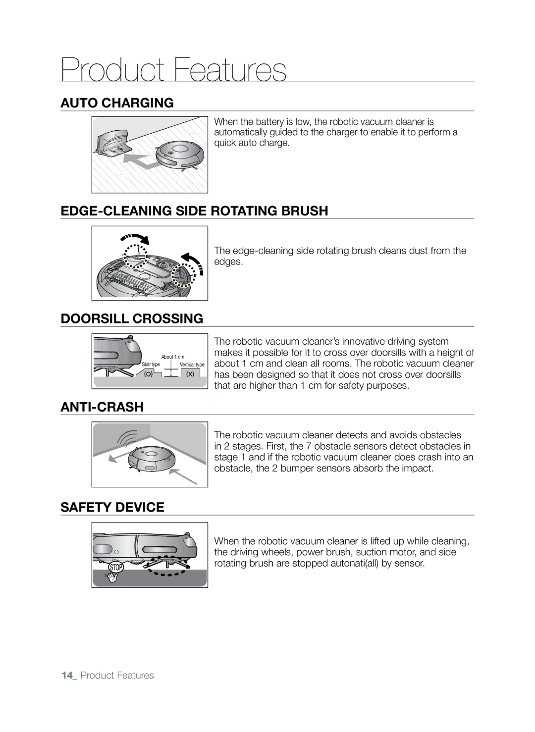 Samsung SR8845 user manual Auto Charging, Edge-Cleaning Side Rotating Brush, Doorsill Crossing, Anti-Crash, Safety device 