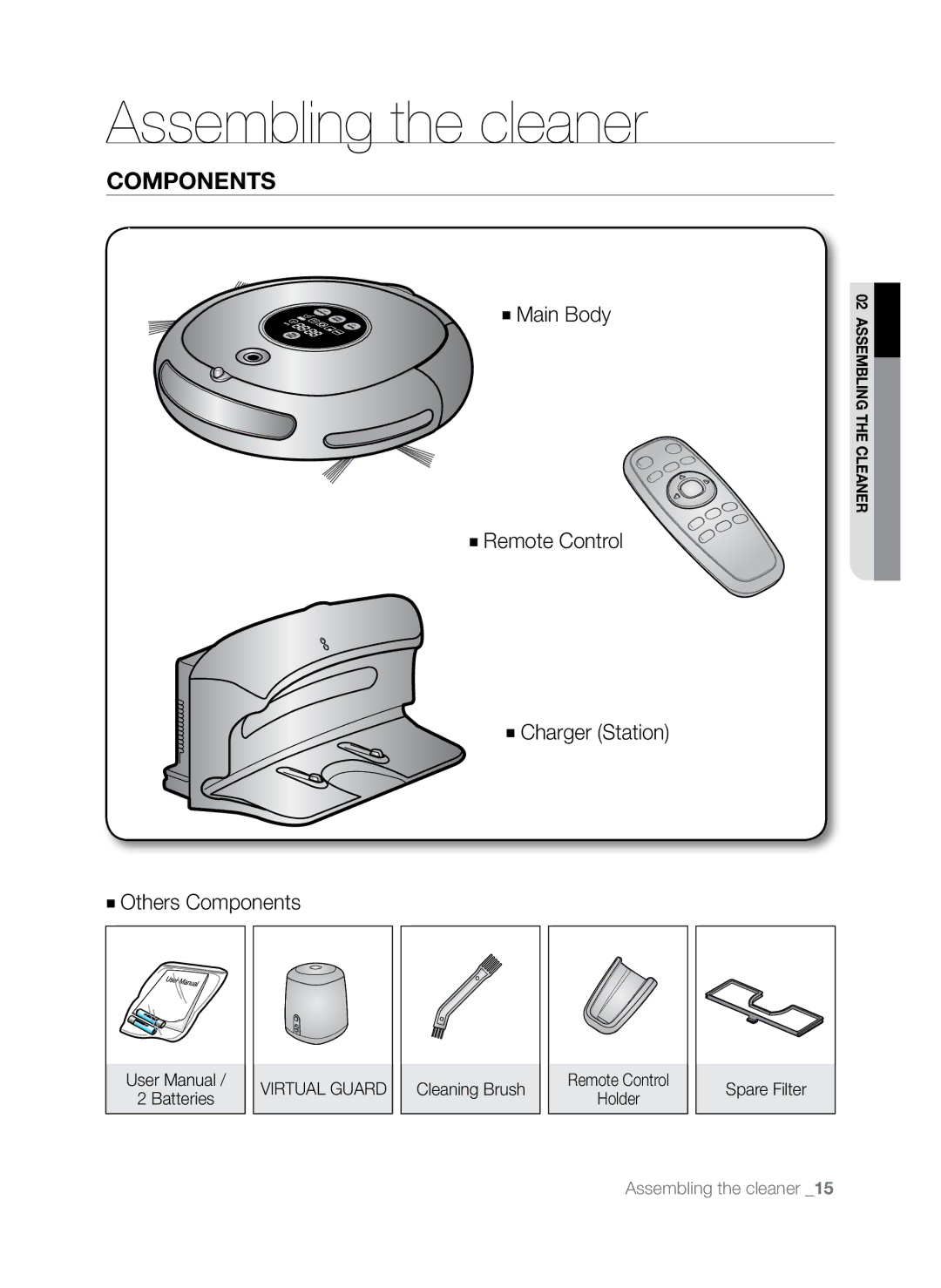 Samsung SR8845 user manual Assembling the cleaner, Components, Remote Control Holder 