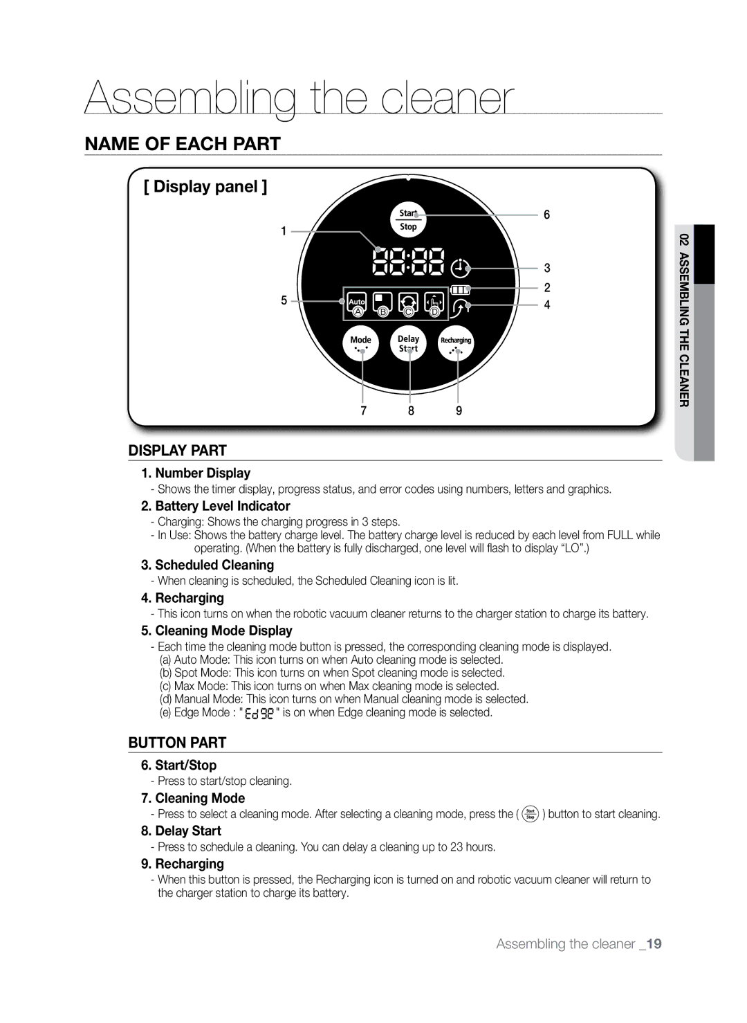 Samsung SR8845 Number Display, Battery Level Indicator, Scheduled Cleaning, Recharging, Cleaning Mode Display, Start/Stop 