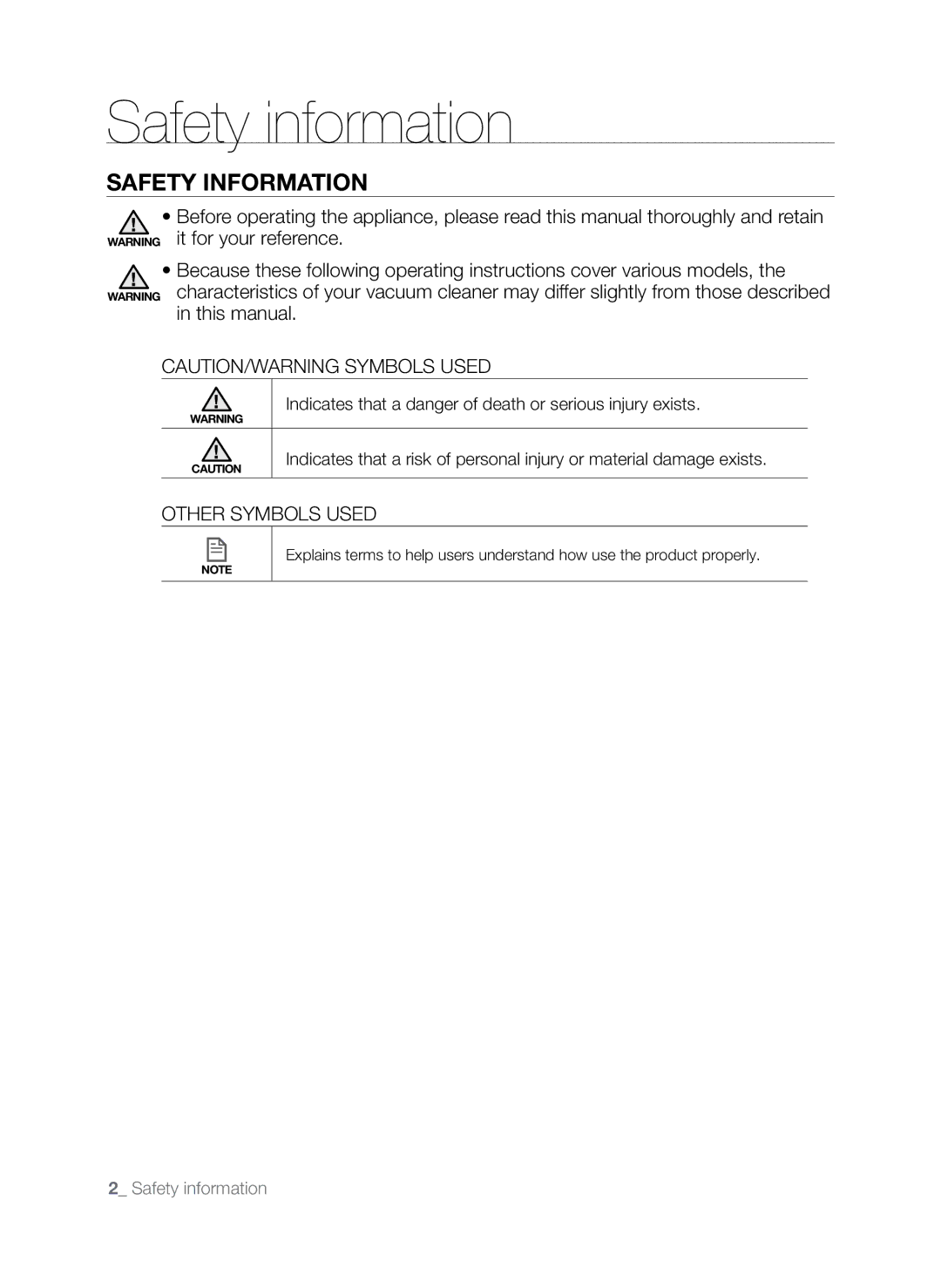 Samsung SR8845 user manual Safety information, Indicates that a danger of death or serious injury exists 