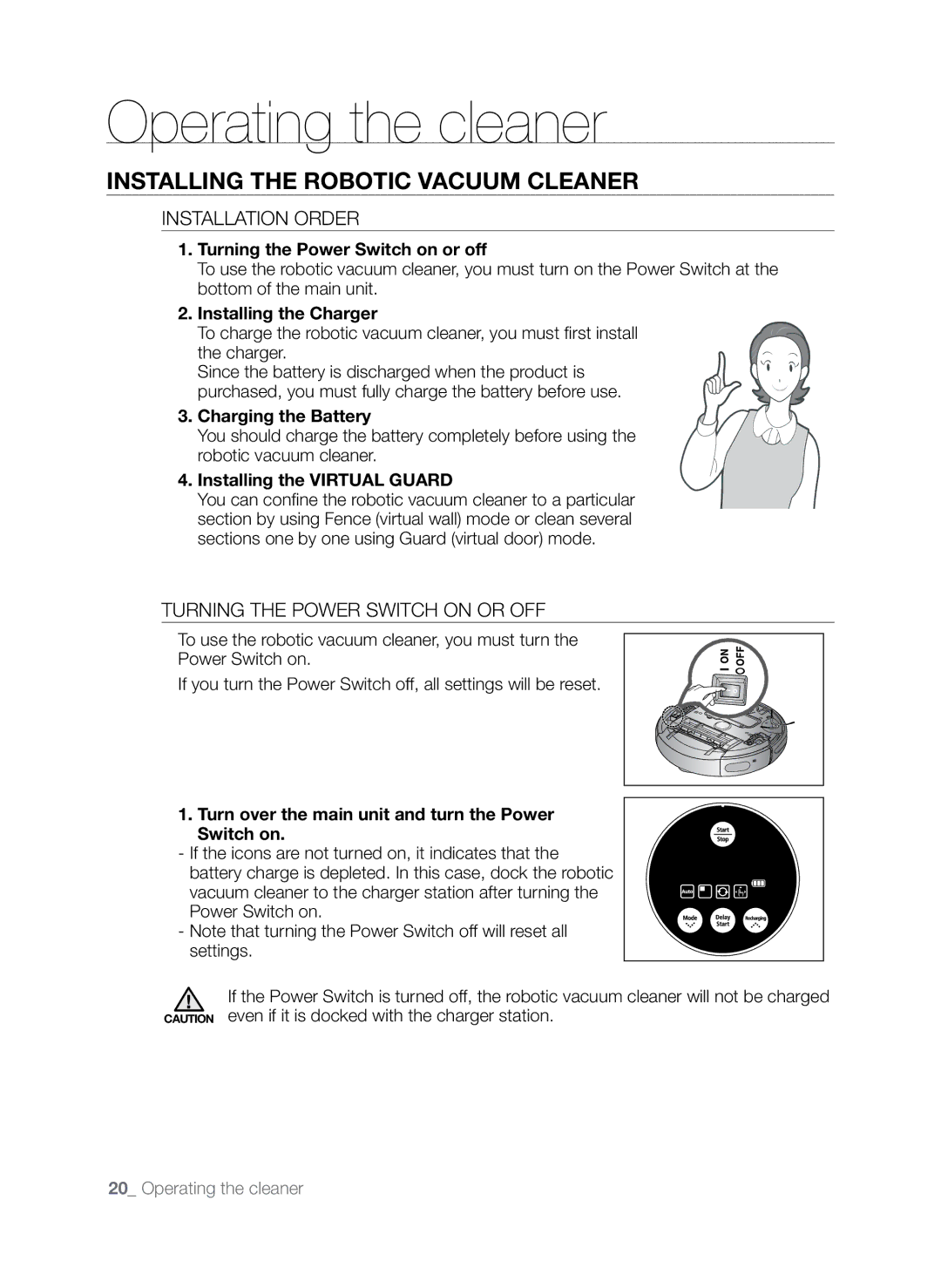 Samsung SR8845 user manual Operating the cleaner, Installing the robotic vacuum cleaner, Installation order 