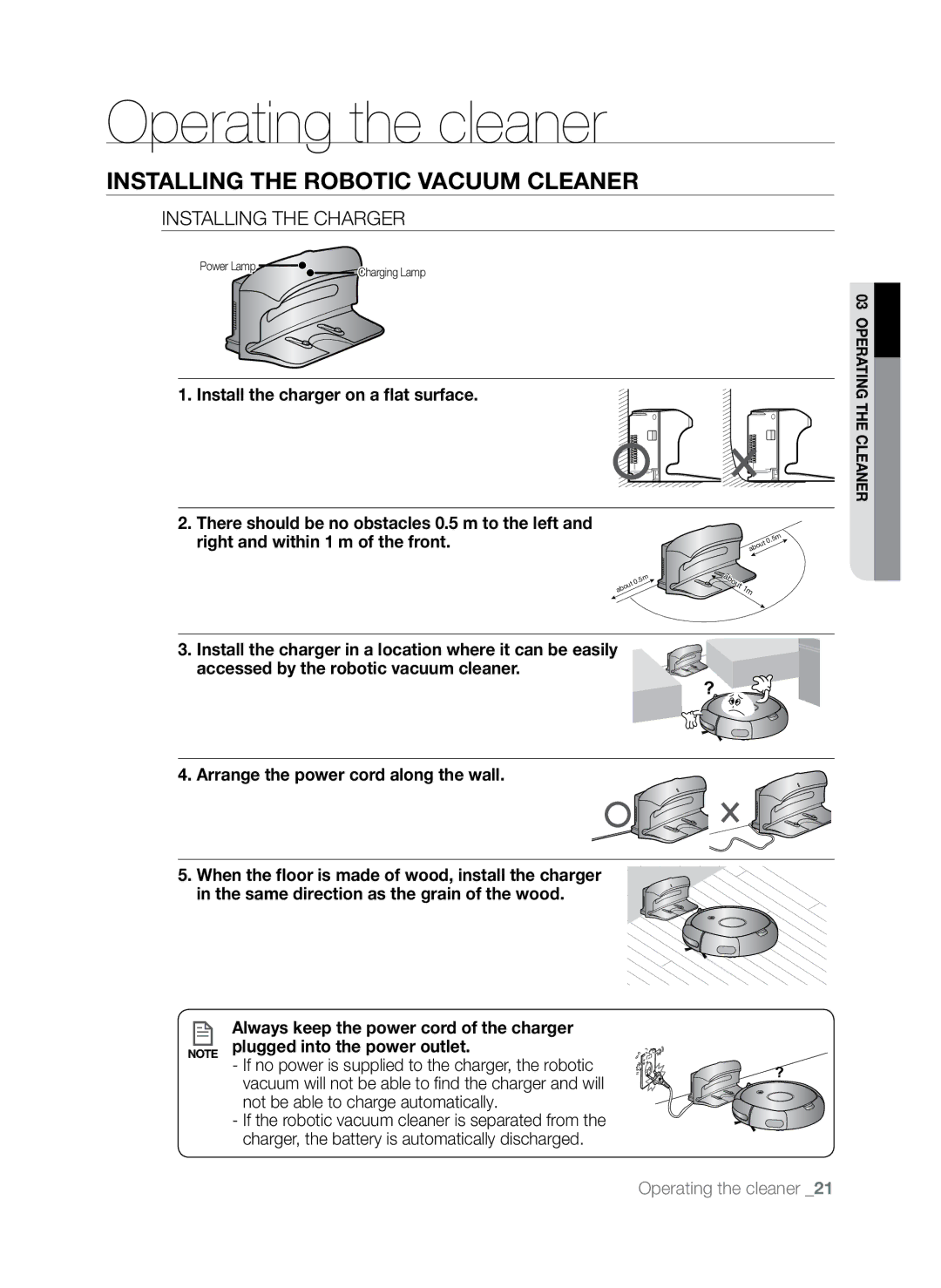 Samsung SR8845 Installing the charger, Install the charger on a flat surface, Arrange the power cord along the wall 