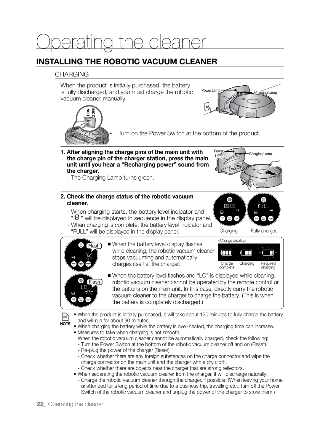 Samsung SR8845 user manual Charging Lamp turns green, Check the charge status of the robotic vacuum cleaner 