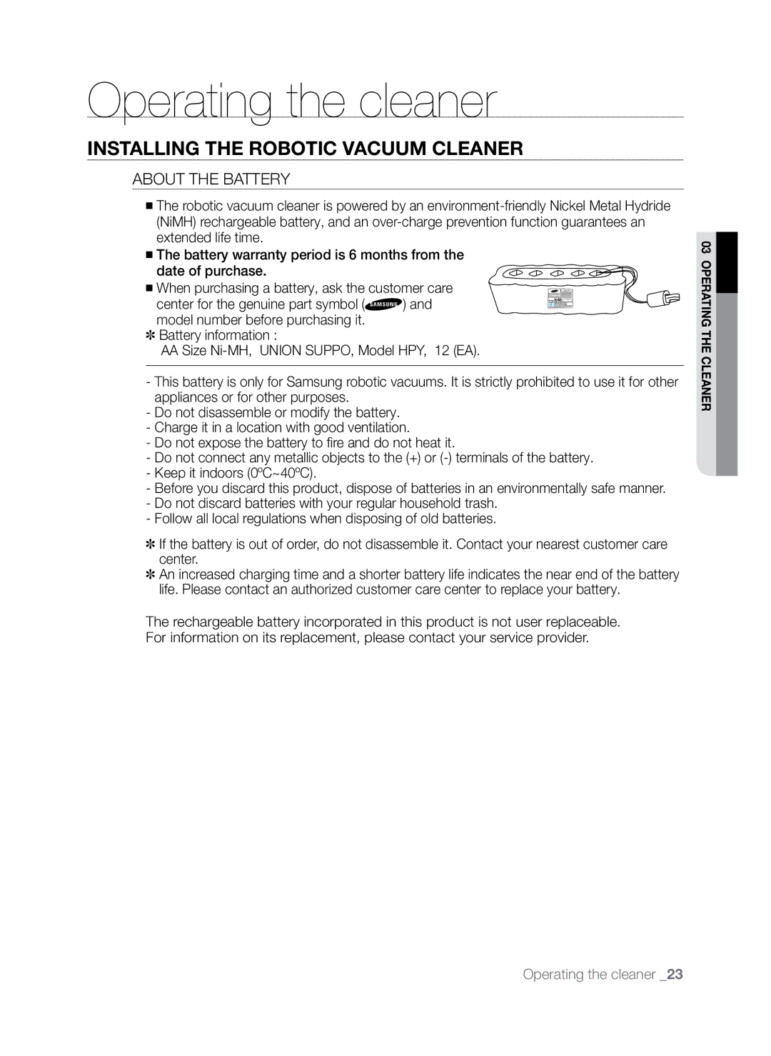 Samsung SR8845 user manual About the Battery 