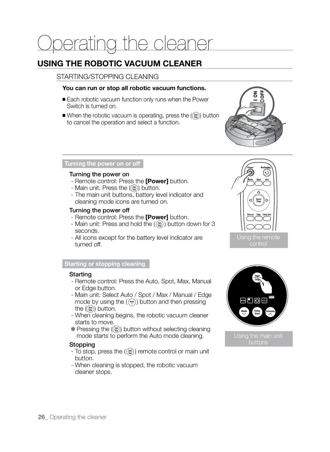 Samsung SR8845 user manual Using the robotic vacuum cleaner, Starting/Stopping Cleaning 