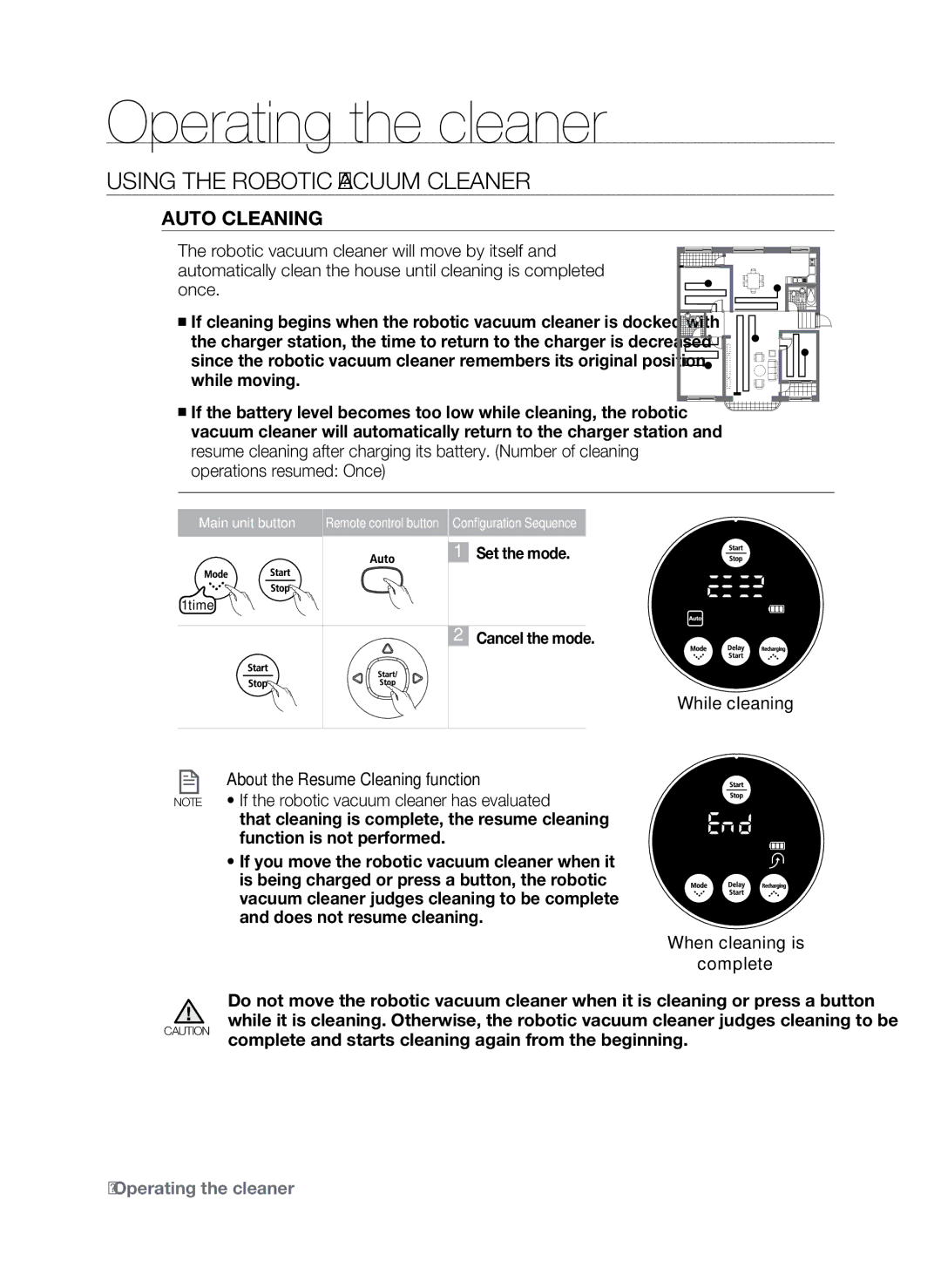 Samsung SR8845 user manual Auto Cleaning, While cleaning About the Resume Cleaning function, When cleaning is Complete 