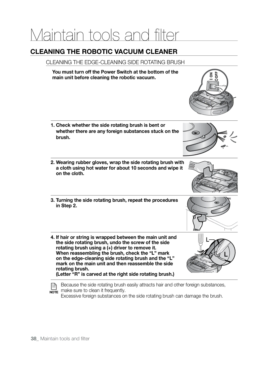 Samsung SR8845 user manual Cleaning the Edge-Cleaning Side rotating Brush 