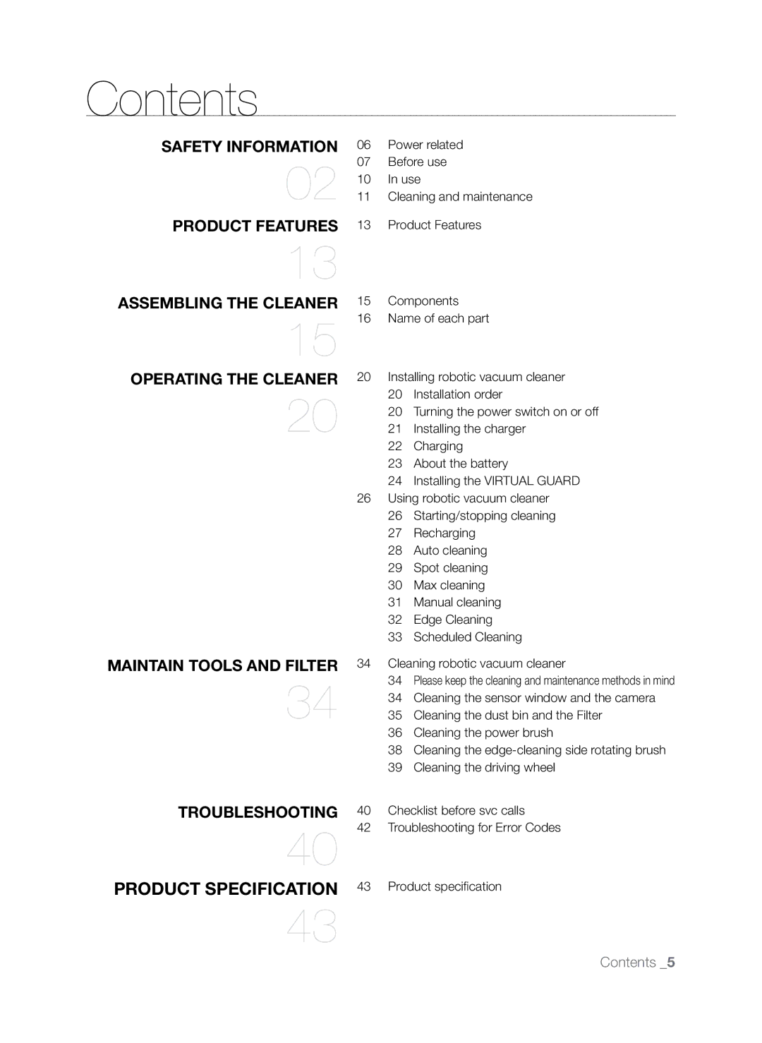 Samsung SR8845 user manual Contents 