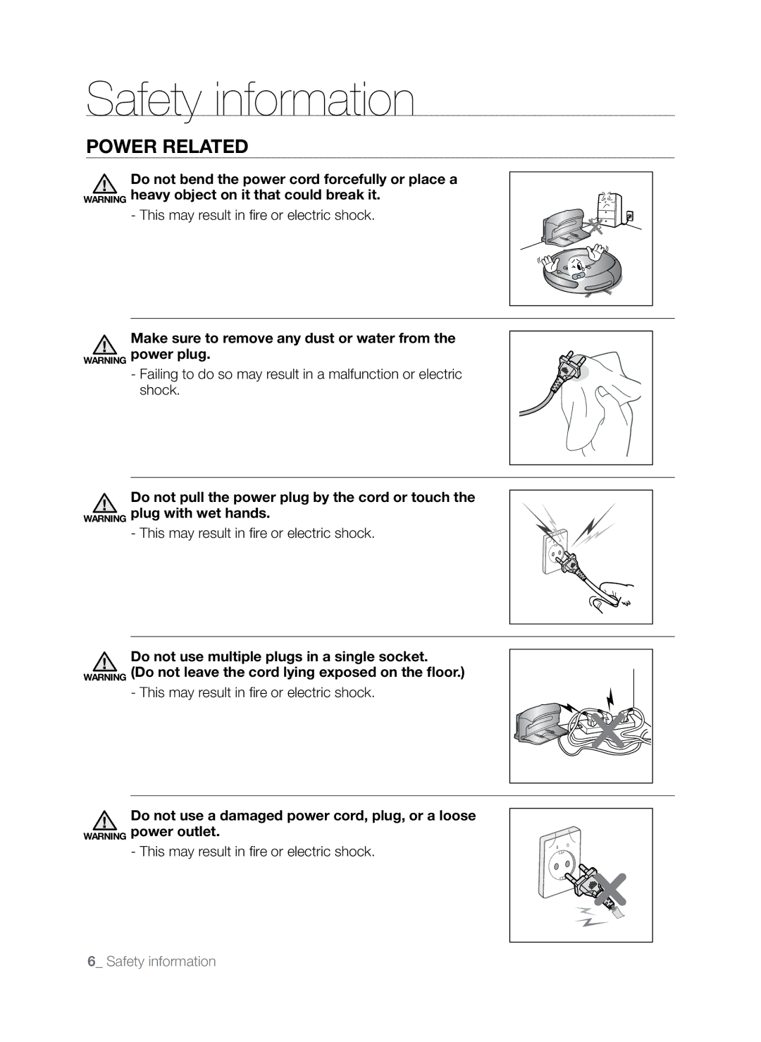 Samsung SR8845 user manual Power Related, This may result in fire or electric shock 