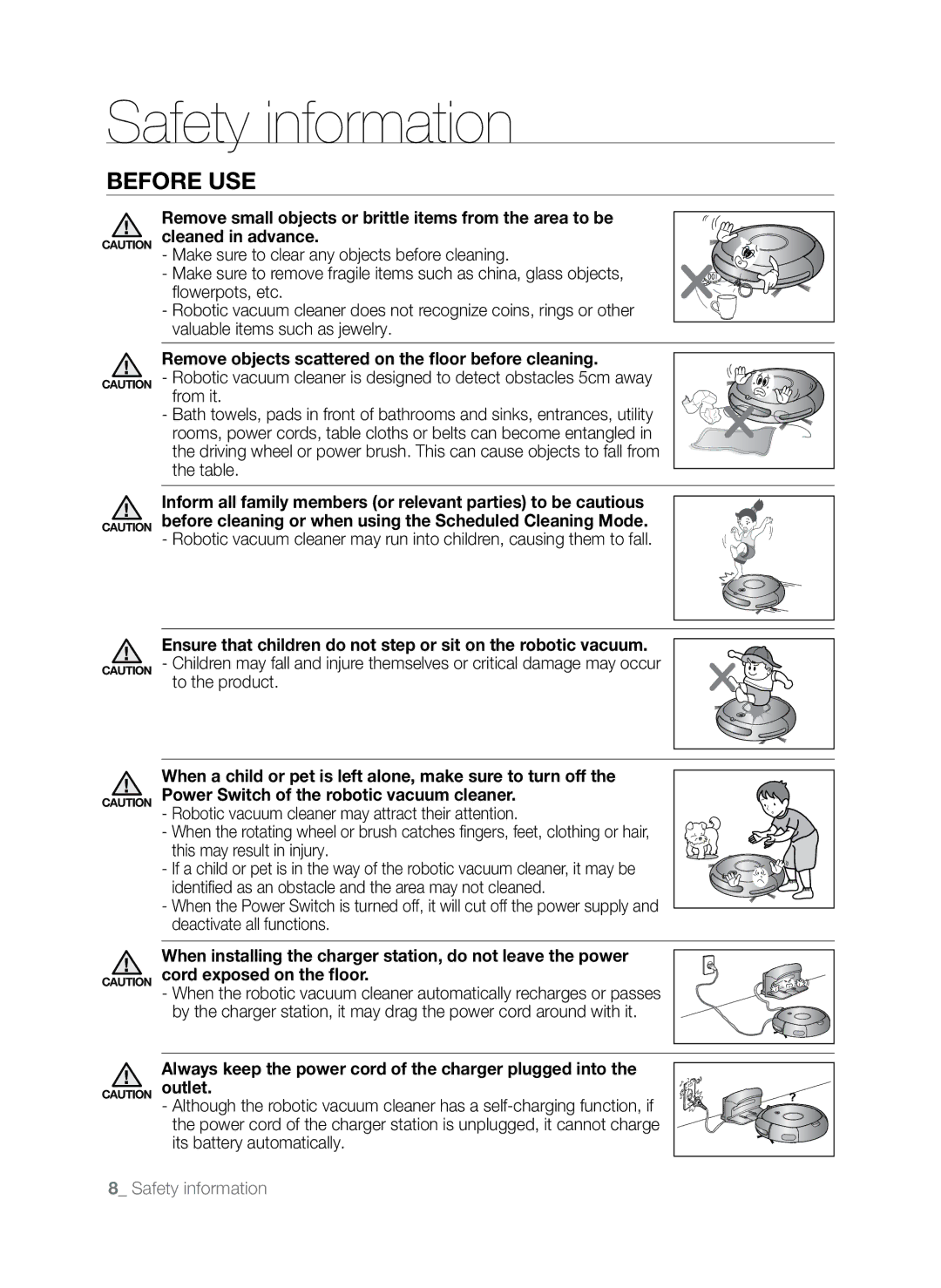 Samsung SR8845 user manual Remove objects scattered on the floor before cleaning 