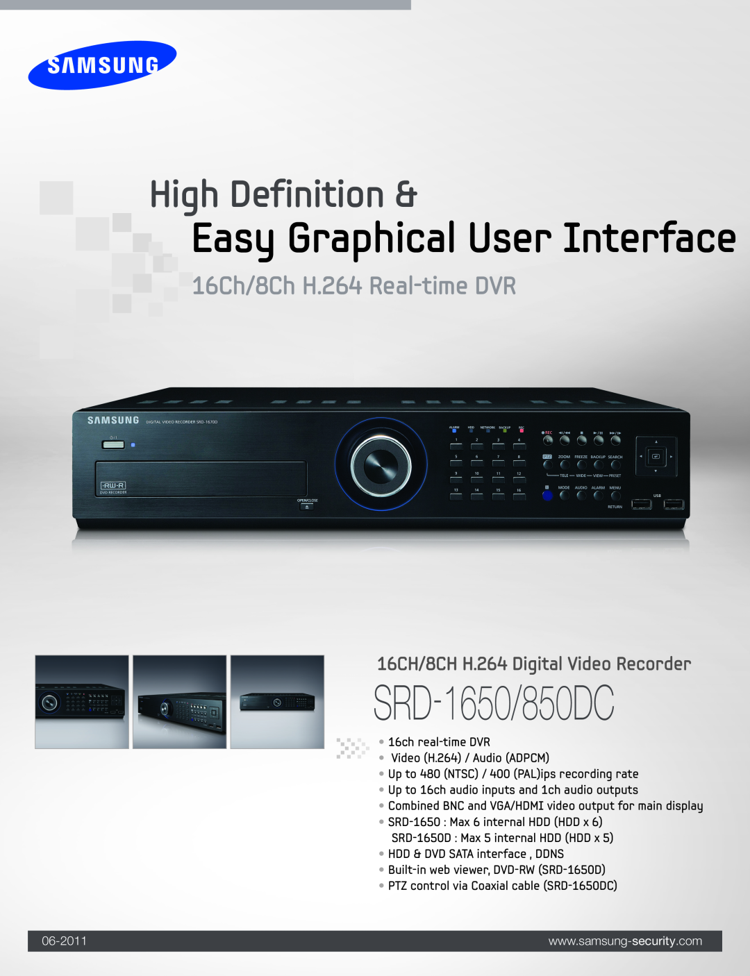 Samsung manual SRD-1650/850DC, Easy Graphical User Interface, High Definition, 16Ch/8Ch H.264 Real-time DVR, 06-2011 