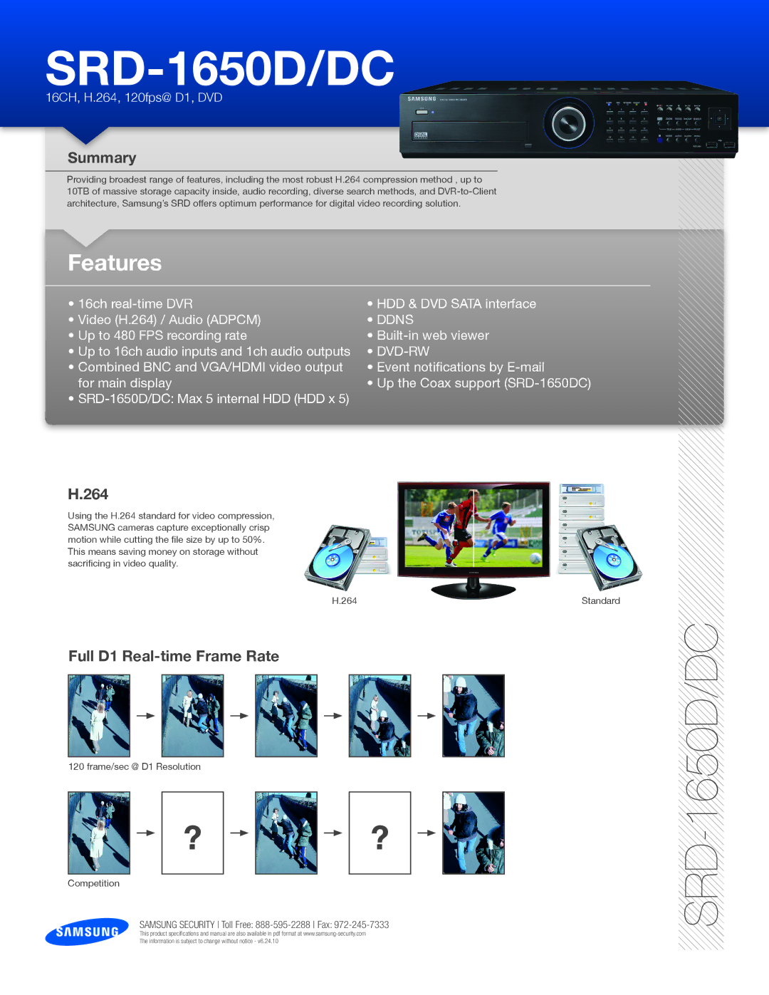 Samsung SRD-1650D/DC specifications Summary, 264, Full D1 Real-time Frame Rate, Ddns, Dvd-Rw 