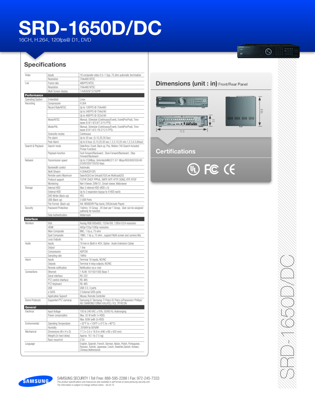 Samsung SRD-1650D/DC Specifications, Dimensions unit in Front/Rear Panel, Certifications, 16CH, H.264, 120fps@ D1, DVD 