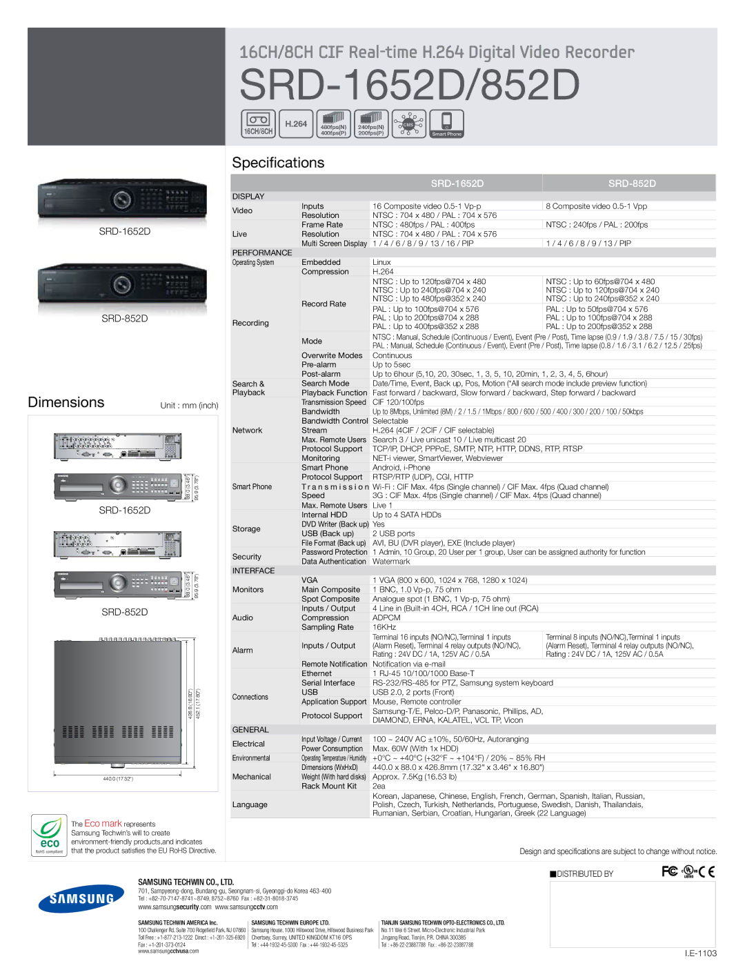 Samsung SRD-1652D, SRD-852D manual Dimensions, Specifications 