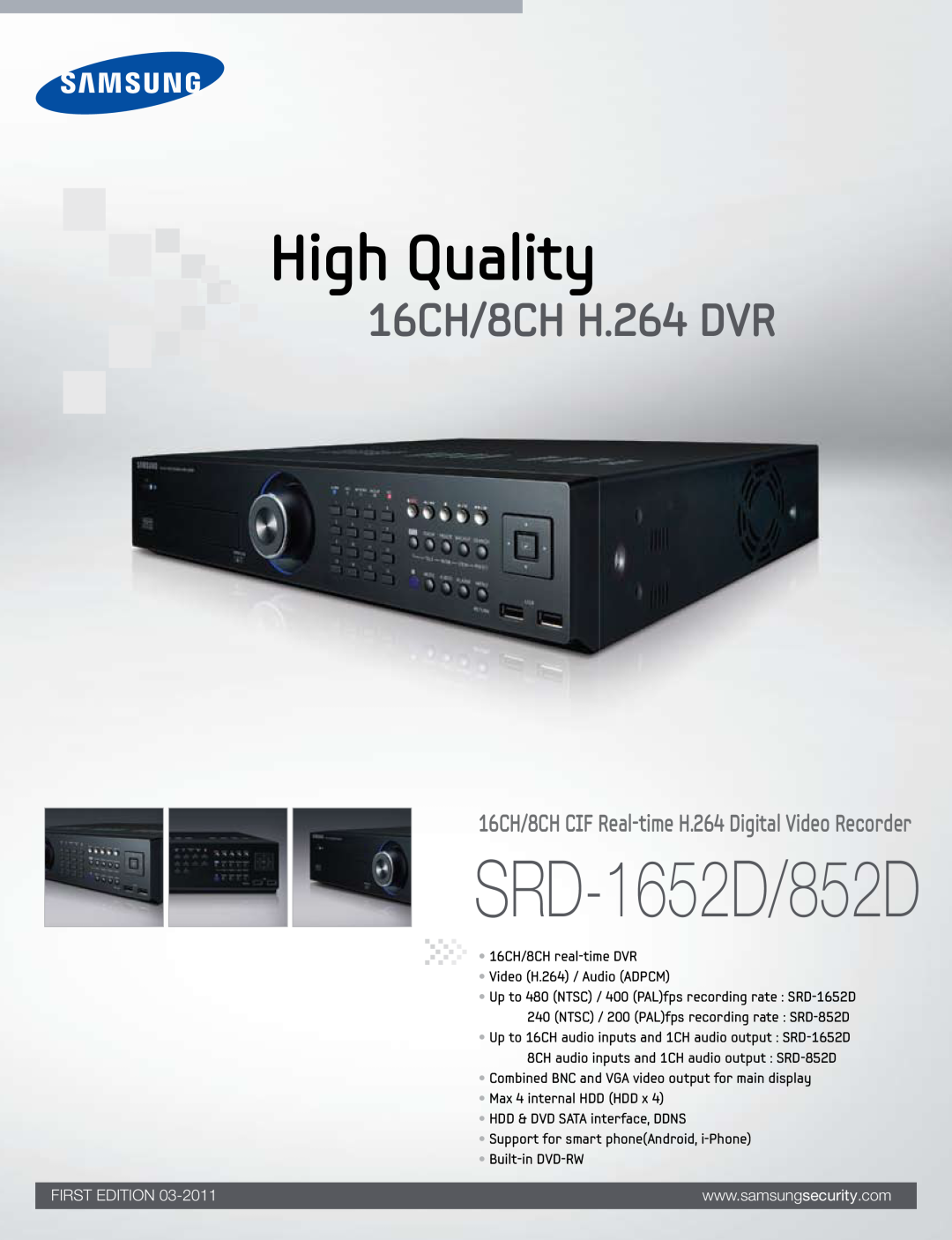 Samsung SRD-852D manual SRD-1652D/852D, High Quality, 16CH/8CH H.264 DVR, First Edition 
