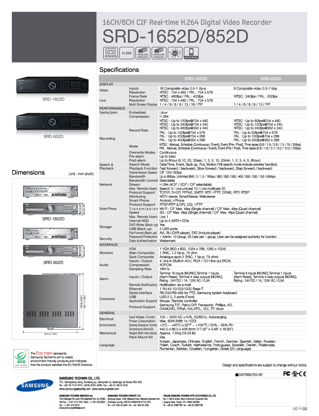 Samsung manual SRD-1652D/852D, 16CH/8CH CIF Real-time H.264 Digital Video Recorder, Dimensions, Specifications, SRD-852D 