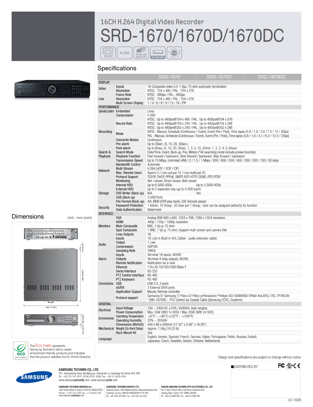 Samsung SRD-1670D manual Dimensions, Specifications 