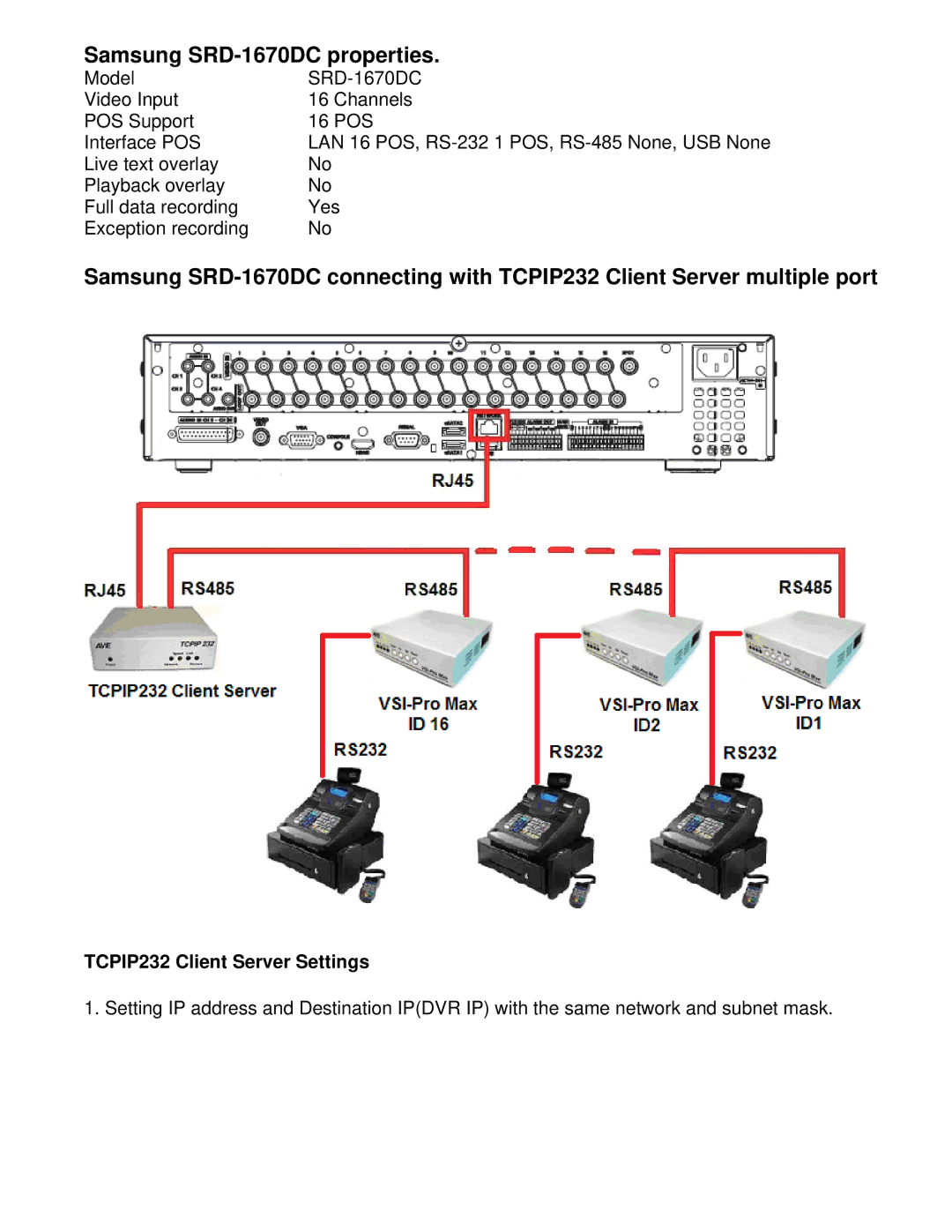 Samsung manual Samsung SRD-1670DC properties, TCPIP232 Client Server Settings 