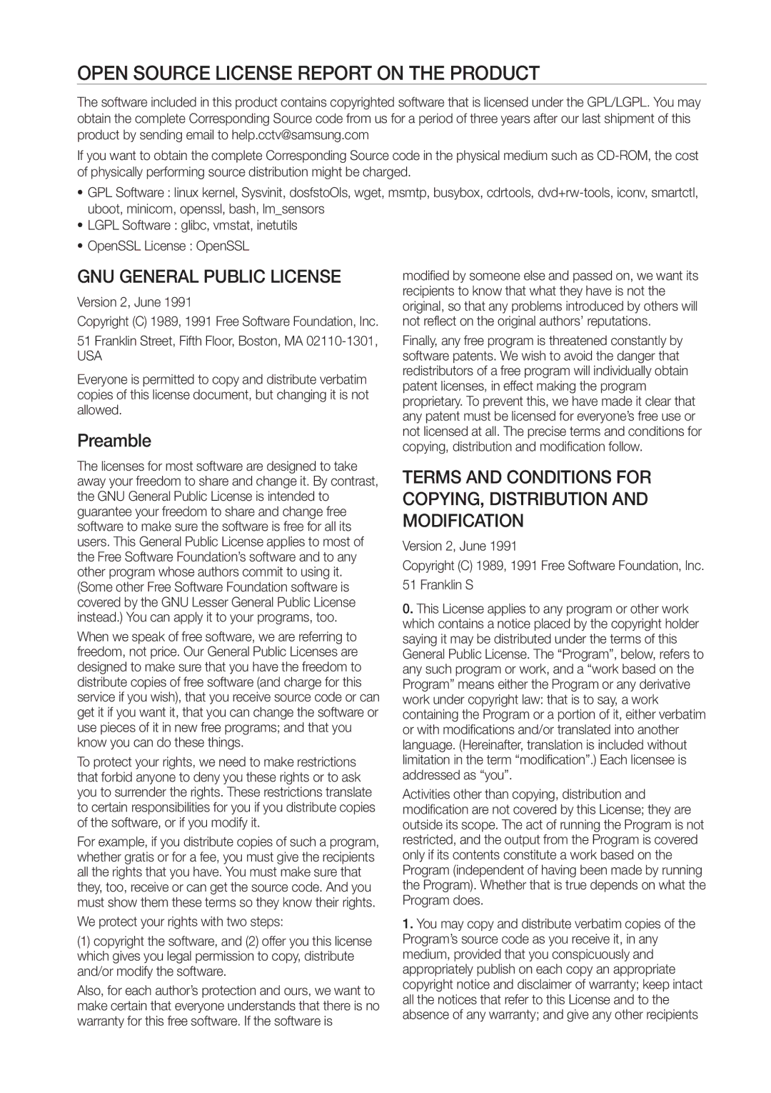 Samsung SRD-440 user manual Open Source License Report on the Product, Preamble, Version 2, June, Usa 