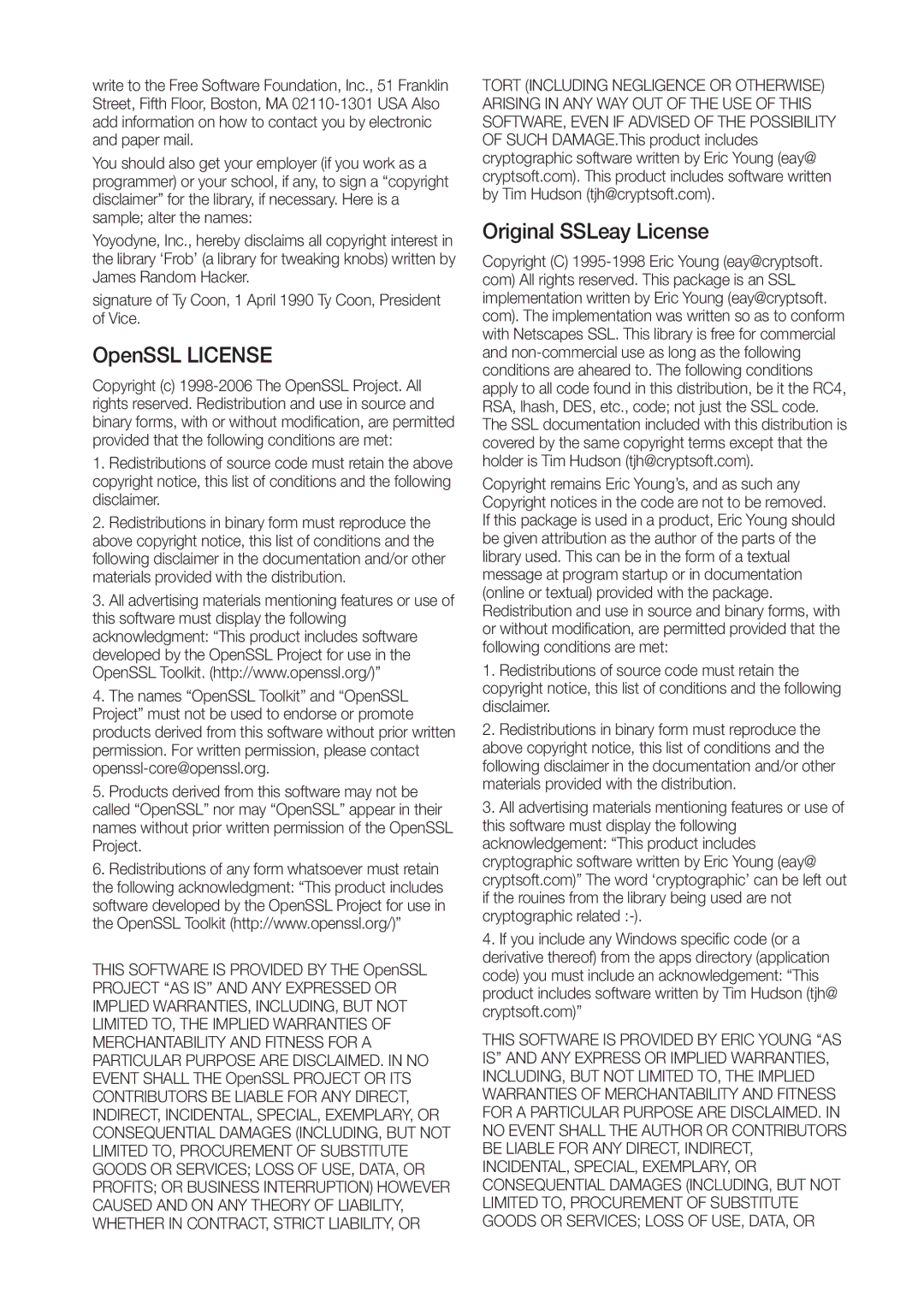 Samsung SRD-440 user manual OpenSSL License, Original SSLeay License 