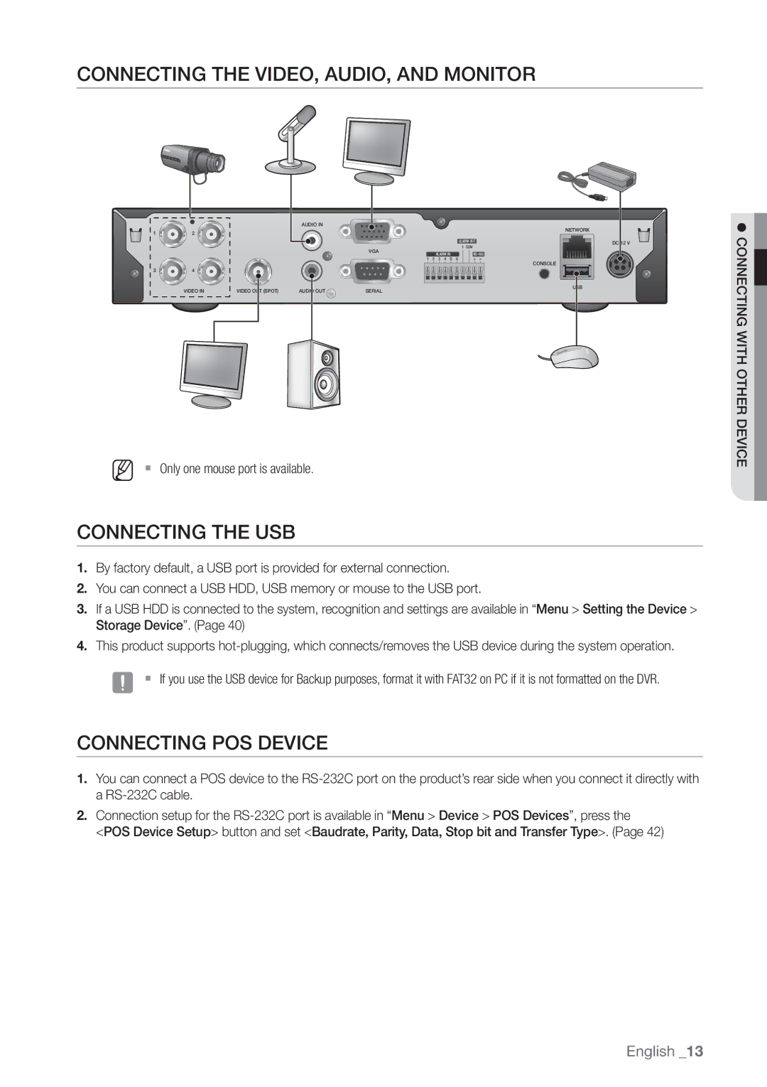 Samsung SRD-440 user manual Connecting the VIDEO, AUDIO, and Monitor, Connecting the USB, Connecting POS Device 