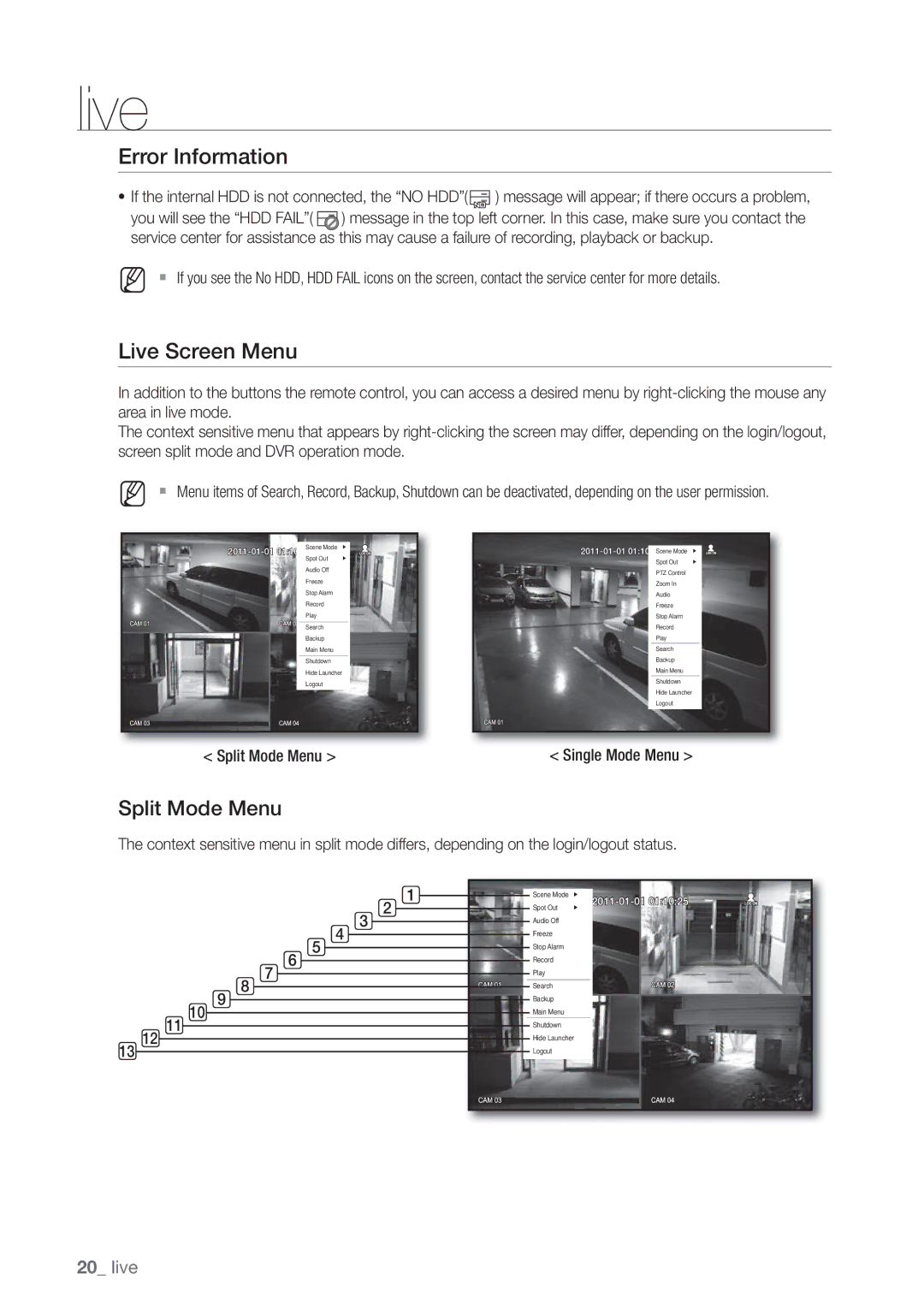 Samsung SRD-440 user manual Error Information, Live Screen Menu, Split Mode Menu 