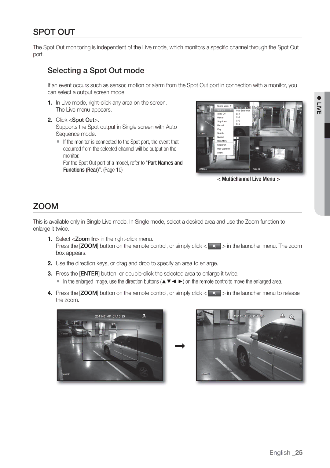 Samsung SRD-440 user manual Spot OUT, Zoom, Selecting a Spot Out mode, Multichannel Live Menu 