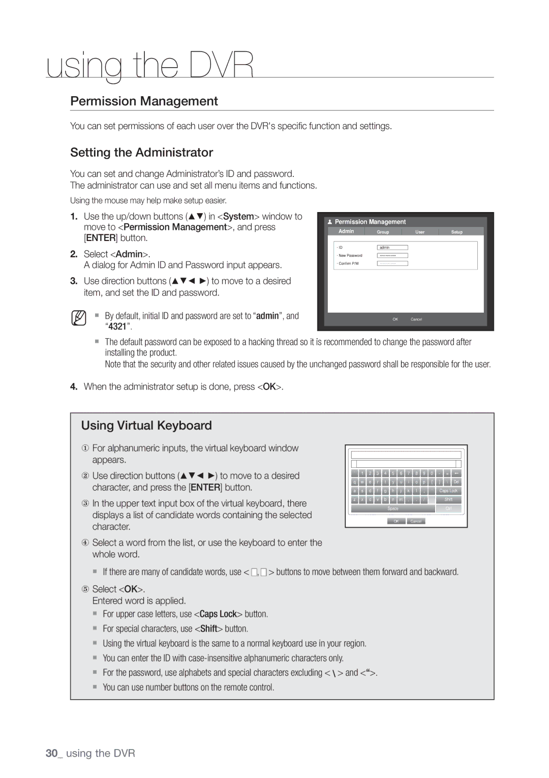 Samsung SRD-440 user manual Permission Management, Setting the Administrator, Using Virtual Keyboard 