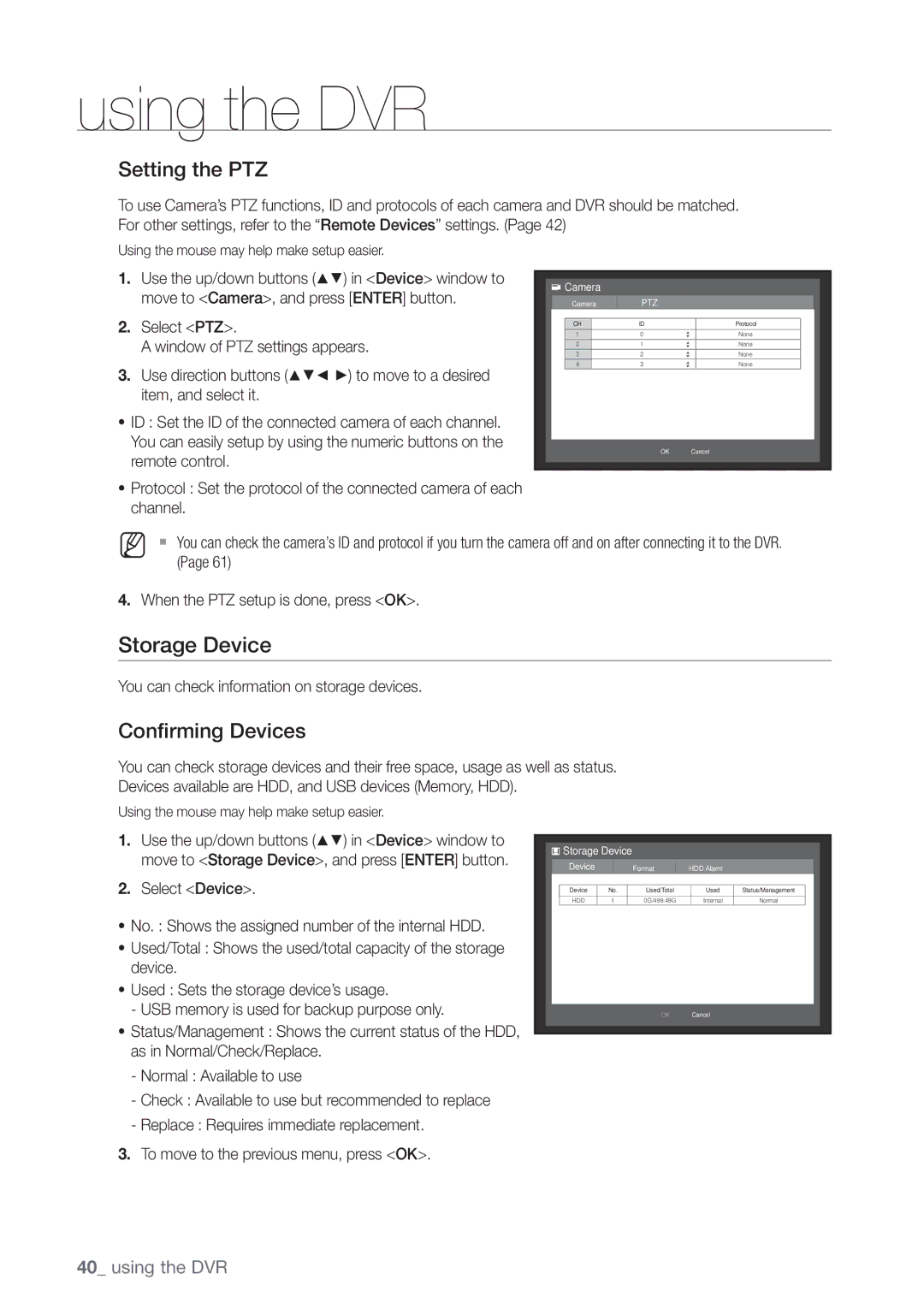 Samsung SRD-440 user manual Storage Device, Setting the PTZ, Confirming Devices 