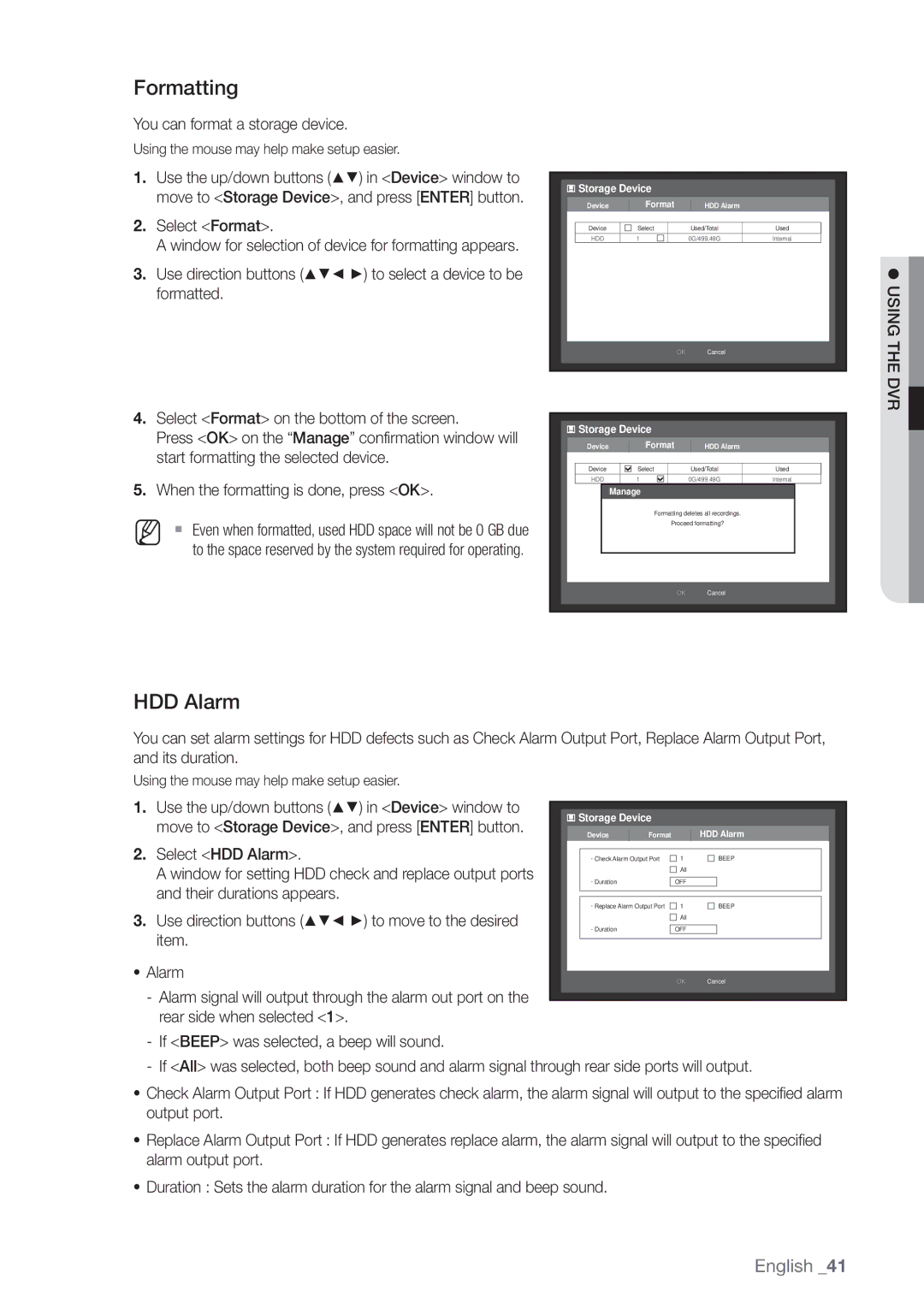 Samsung SRD-440 user manual Formatting, HDD Alarm, You can format a storage device, Select Format 