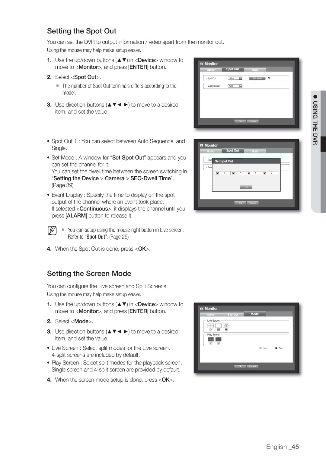 Samsung SRD-440 user manual Setting the Spot Out, Setting the Screen Mode 