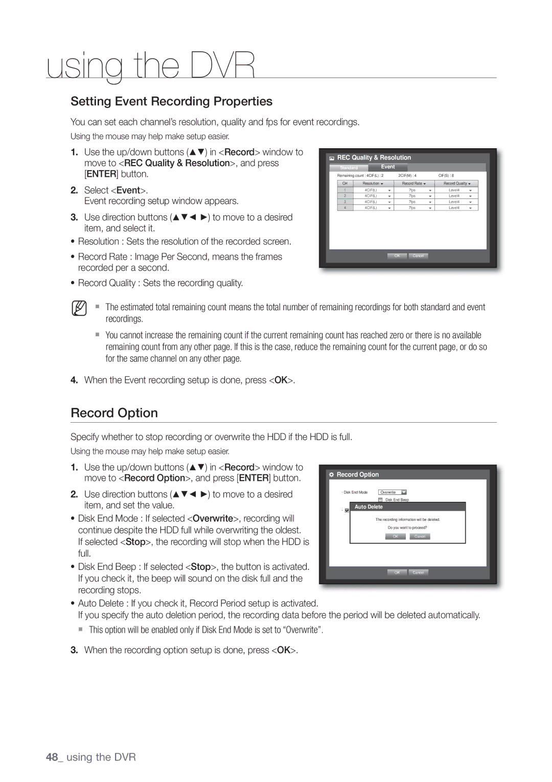 Samsung SRD-440 user manual Record Option, Setting Event Recording Properties 